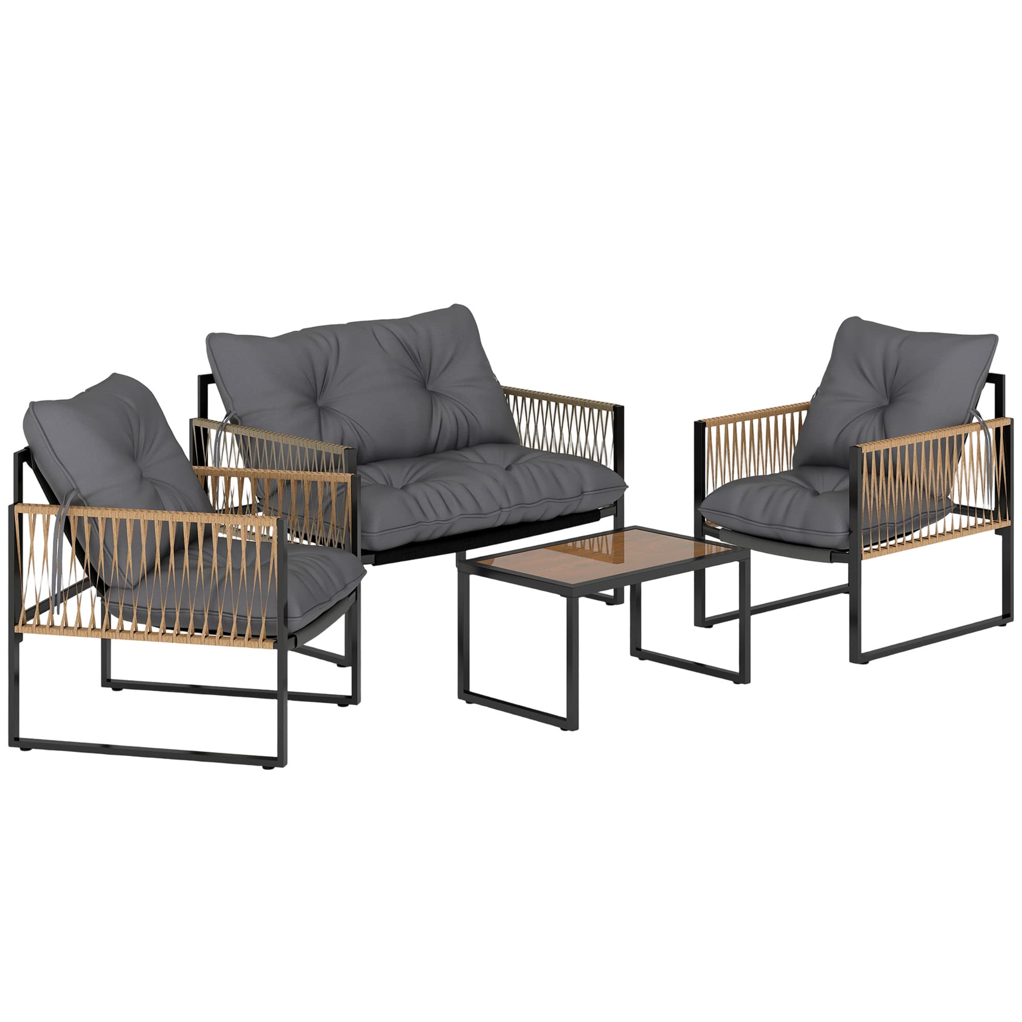 Outsunny Ensemble salon de jardin 4 pièces canapé 2 places 2 fauteuils et 1 table basse plateau verre trempé 3 coussins - gris
