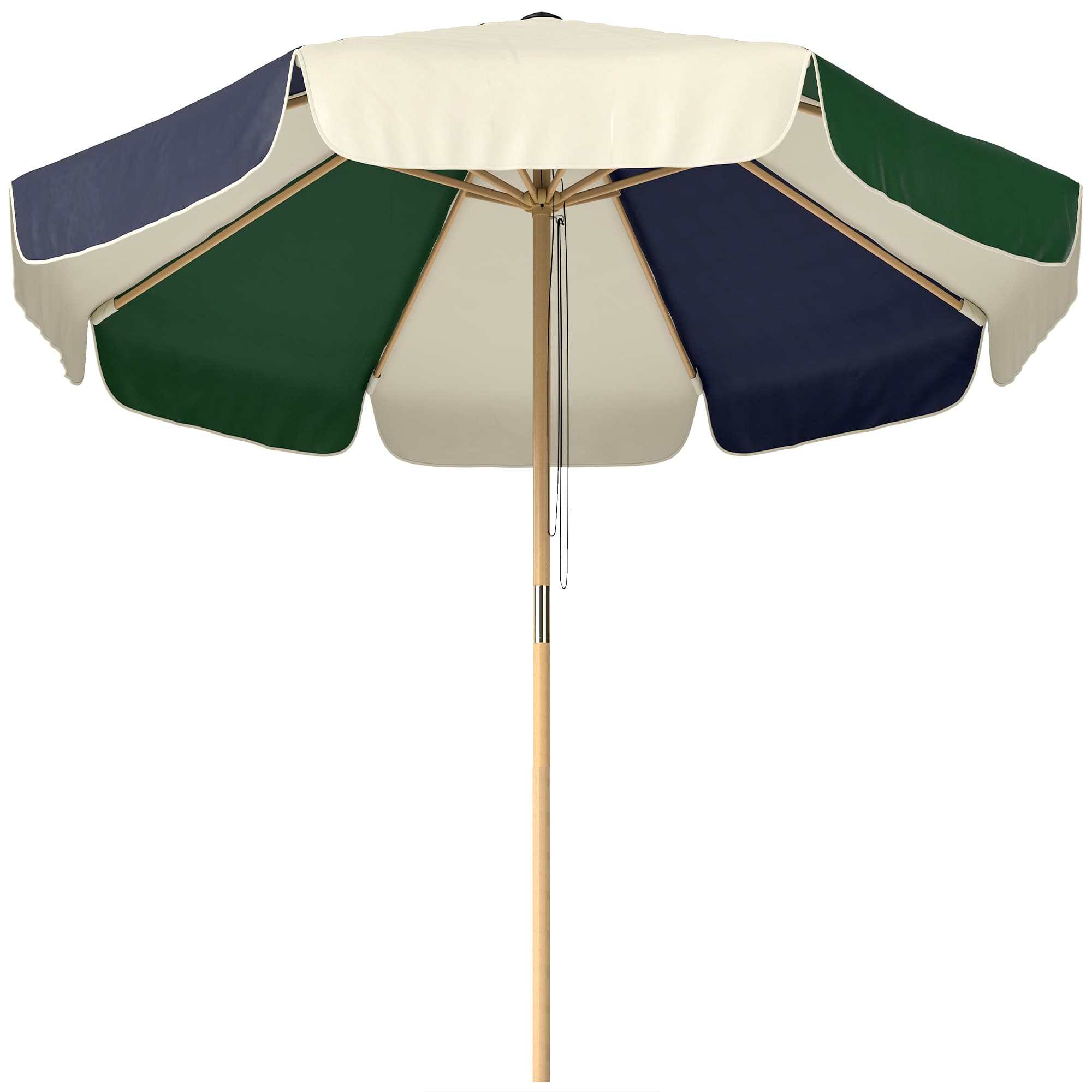 Outsunny Parasol de Jardin à Corde Protection Solaire UPF30+ Style Rétro Effet Bois avec Volants Inclinable Ø 226 cm Crème et Vert