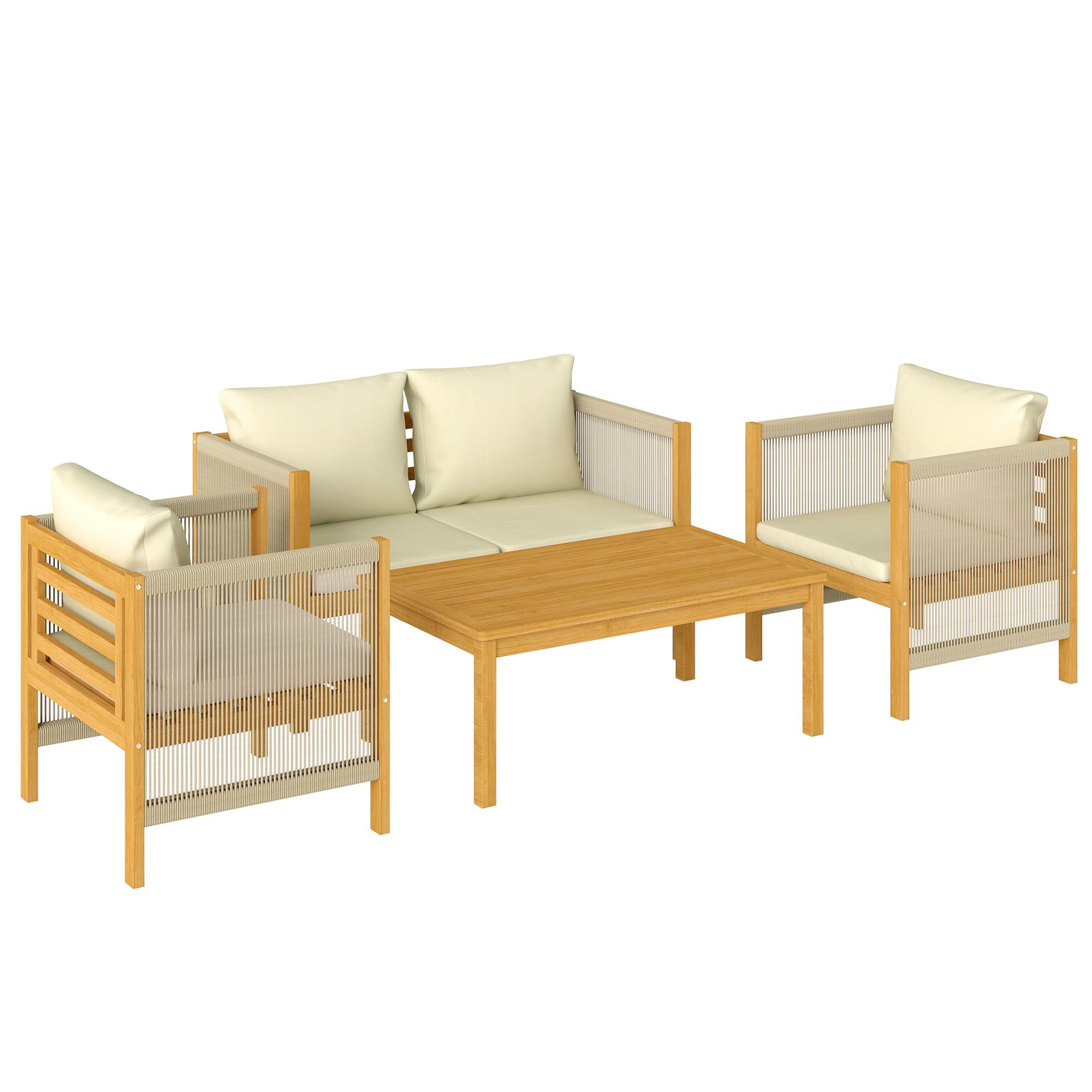 Outsunny Salon de Jardin Ensemble de Mobilier 4 Pièces en Bois d'Acacia Coussins Déhoussables et Corde Tressée Naturel