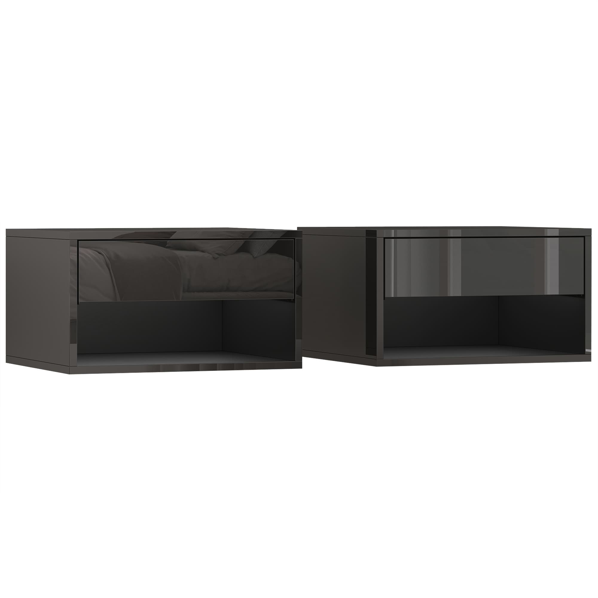 HOMCOM Lot de 2 tables de chevet murales, tables de nuit, tiroir, compartiment ouvert, plateau, 37 x 32 x 21 cm, noir