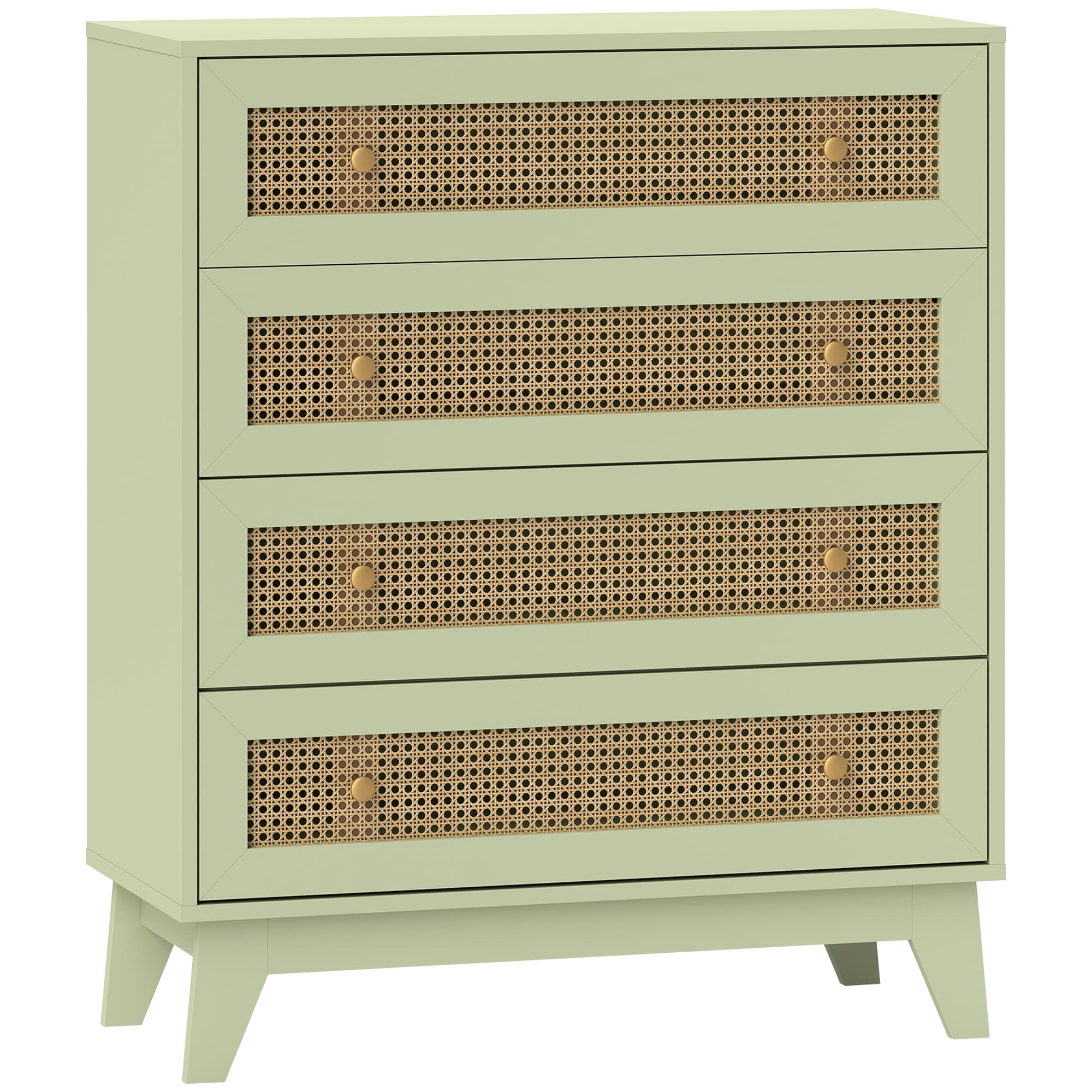 HOMCOM Commode 4 tiroirs meuble de rangement cannage en rotin aspect bois clair 80 x 35 x 95 cm vert