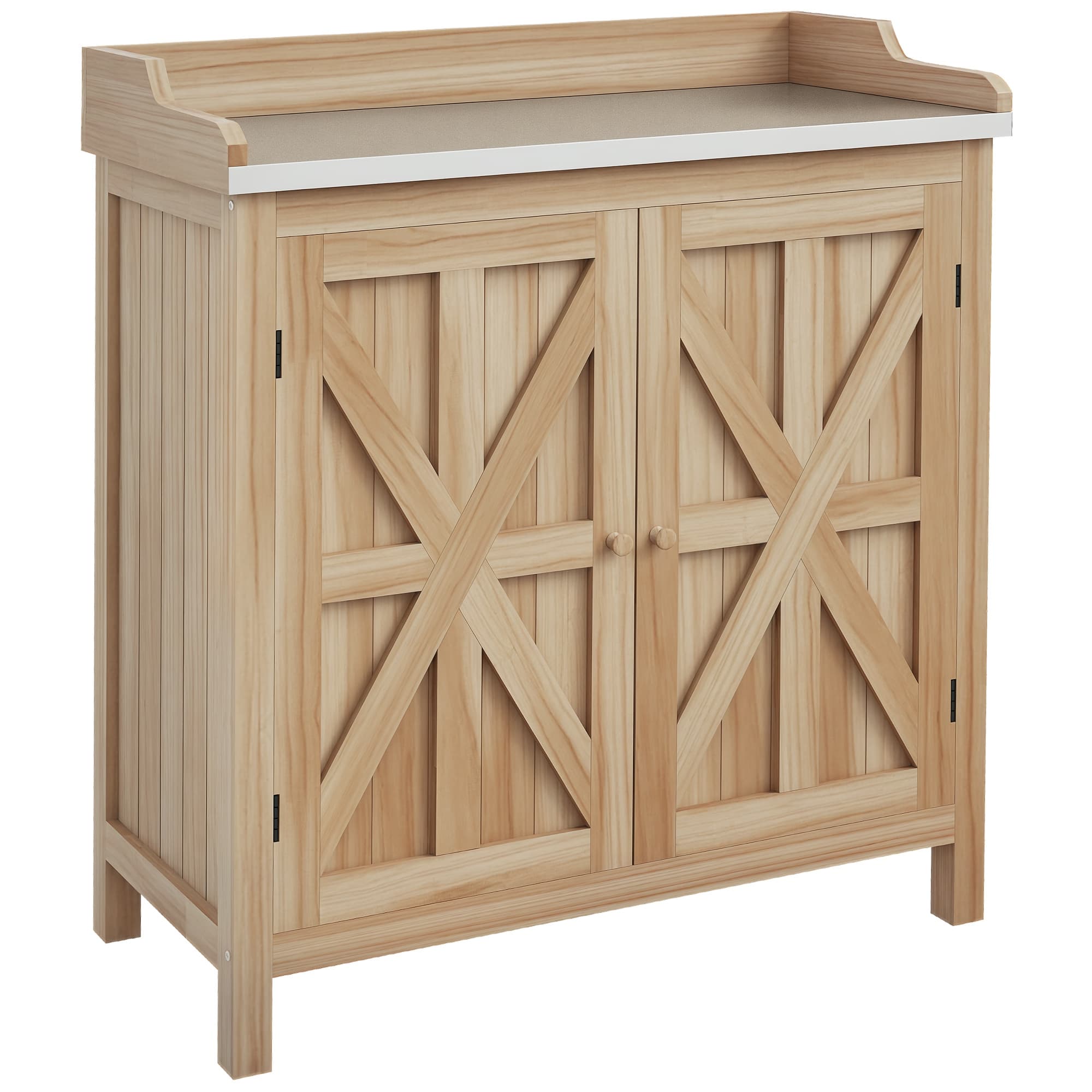 Outsunny Table de rempotage armoire de rangement avec 2 étagères, plateau galvanisé patins antidérapants en bois sapin