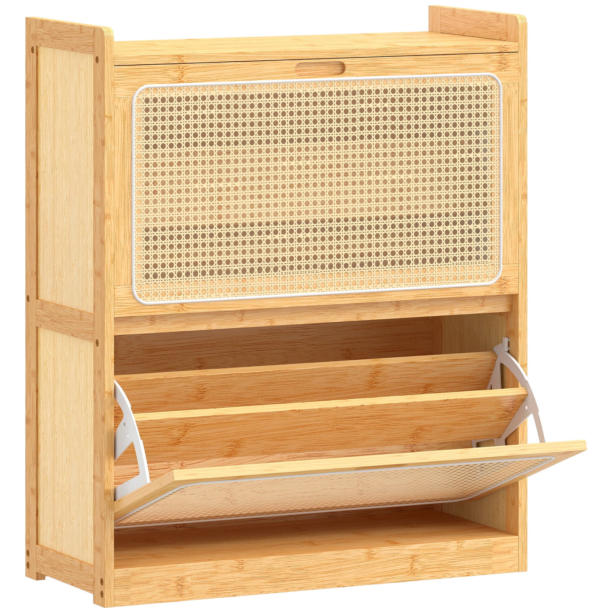HOMCOM Meuble à chaussures 14 paires, armoire à chaussures 2 tiroirs rabattables, étagères réglables, 69x29x83cm, bois naturel