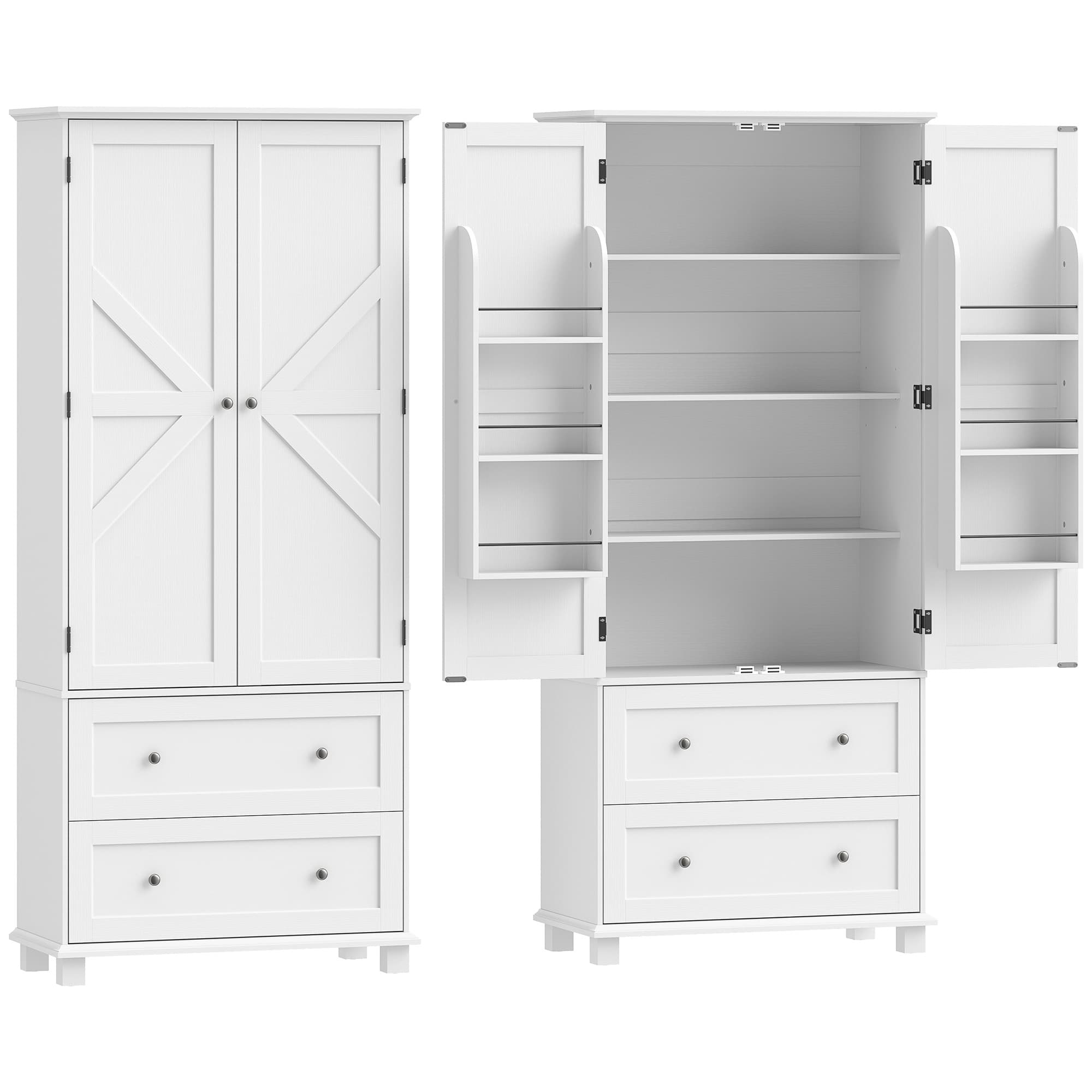 HOMCOM Buffet haut cuisine, armoire de cuisine 2 portes, 2 tiroirs, 6 porte-racks, étagères réglables, 80x39,5x184,5cm, blanc