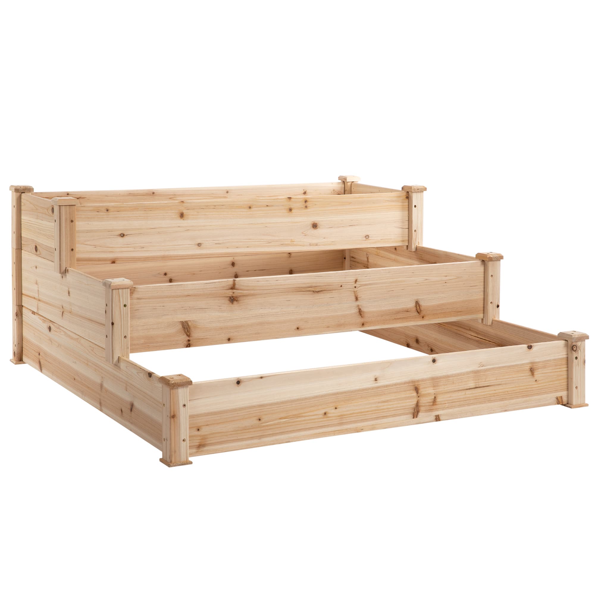 Outsunny Carré Potager de jardin en Bois massif, Jardinière Surélevé en Escalier 3 Niveaux, 120 x 120 x 56 cm, effet Bois Naturel