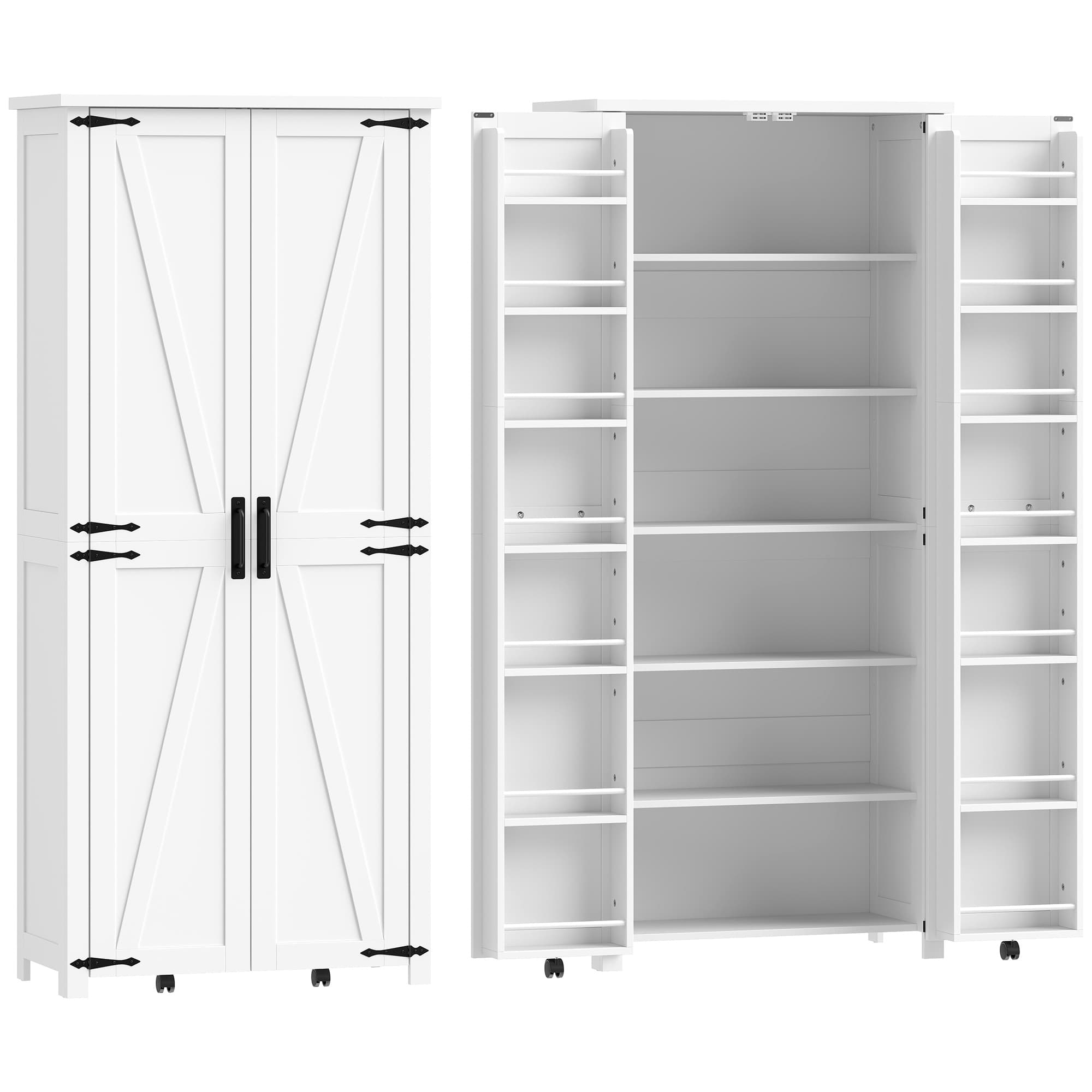 HOMCOM Buffet haut cuisine, armoire cuisine, 2 portes avec roulette, 6 compartiments, 14 porte-racks, étagères réglables, blanc