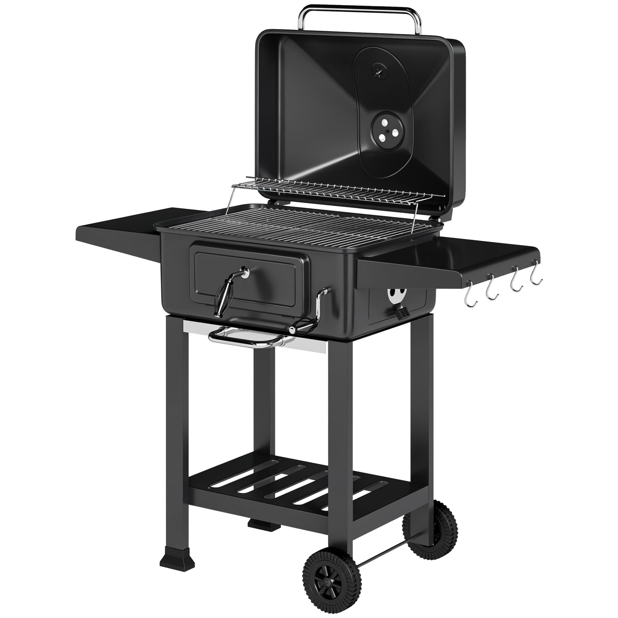 Outsunny Barbecue Charbon de Bois Chariot Grill de Jardin avec Couvercle XXL Bac à Charbon et Évents Réglables 112cm Noir