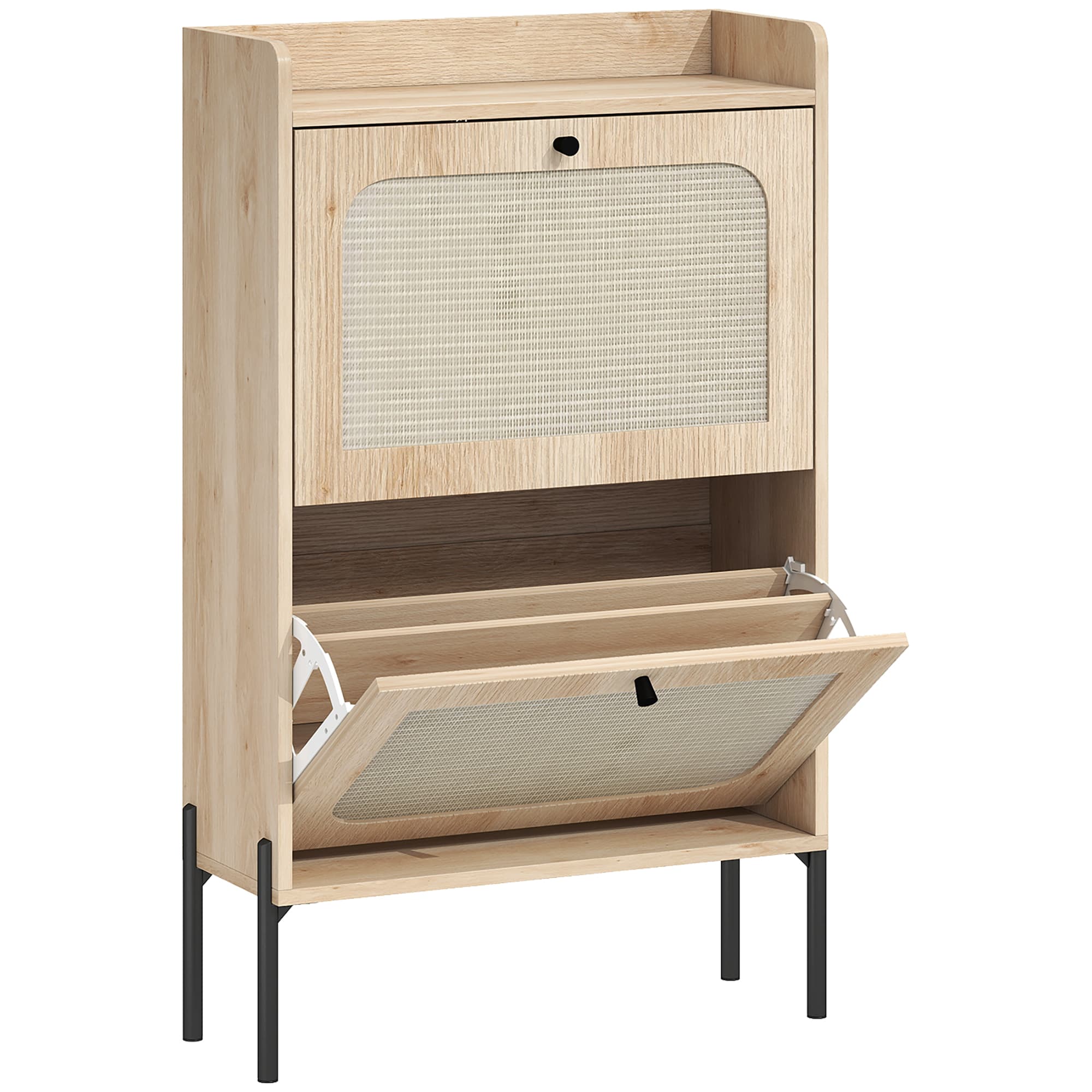 HOMCOM Meuble à chaussures 12 paires, armoire à chaussures, 2 tiroirs rabattables, portes en rotin et étagères réglables, chêne