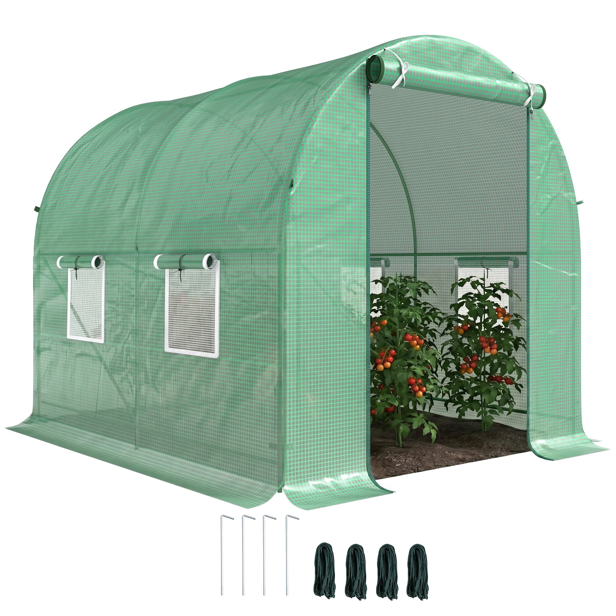 Outsunny Serre de Jardin Tunnel 5 m2 2,5L x 2l x 2H m Acier renforcé Ø 1,8 cm + PE Haute densité 140 g/m2 fenêtres Porte déroulante Vert