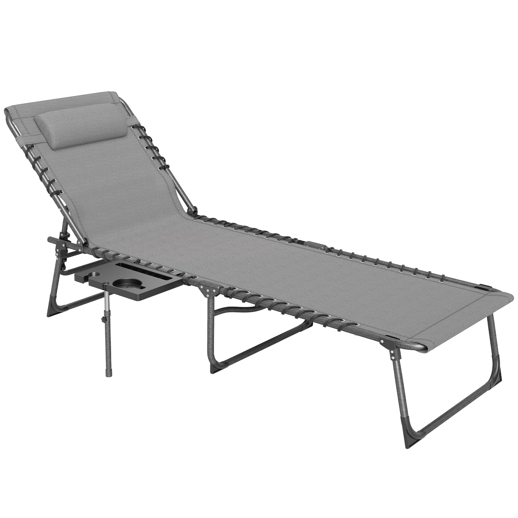 Outsunny Bain de soleil pliante dossier réglable sur 5 niveaux, plateau, appuie-tête, poche latérale 60x190x31cm, gris
