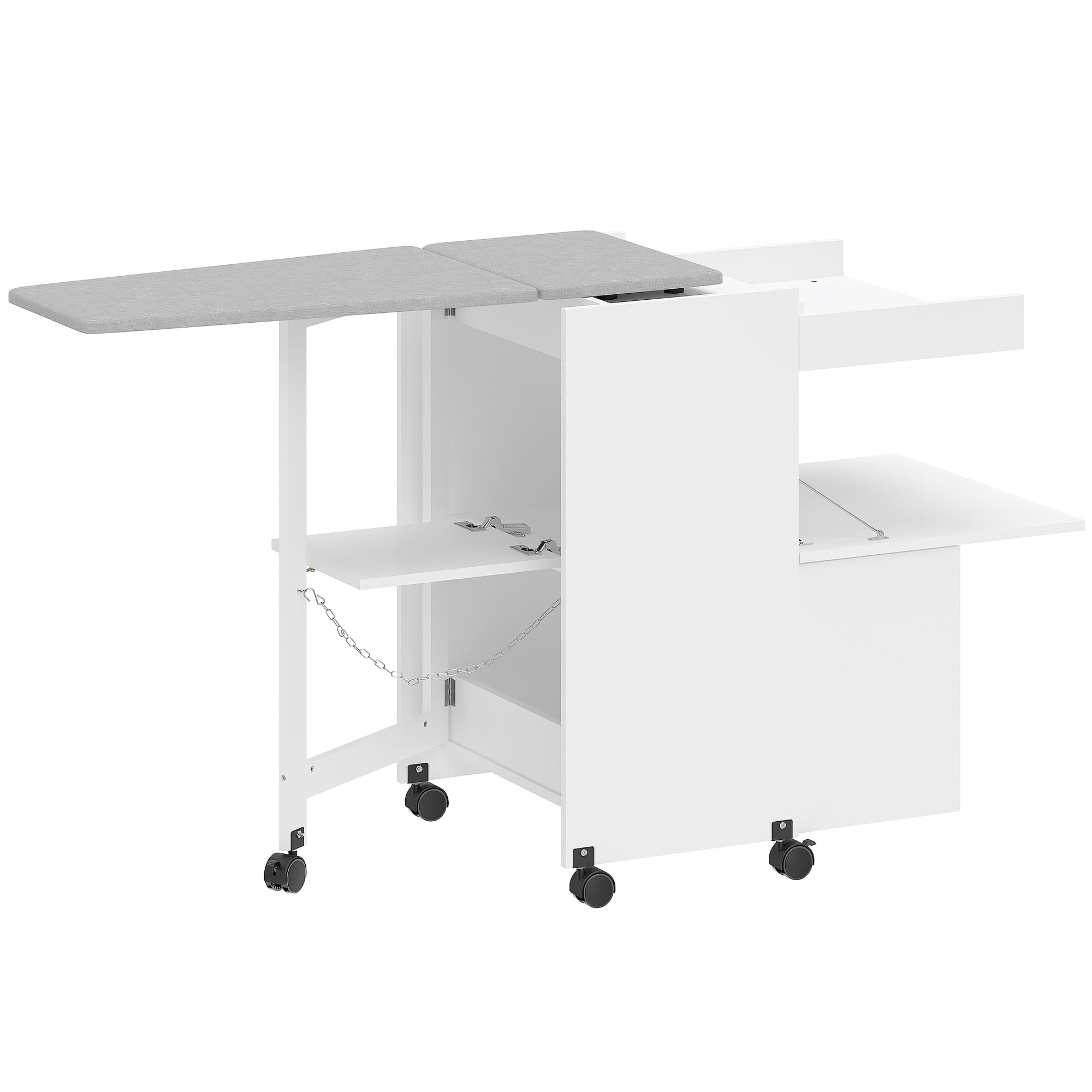 HOMCOM Meuble à repasser, table à repasser pliante sur roulettes avec portes par pression, charnières à fermeture douce, blanc