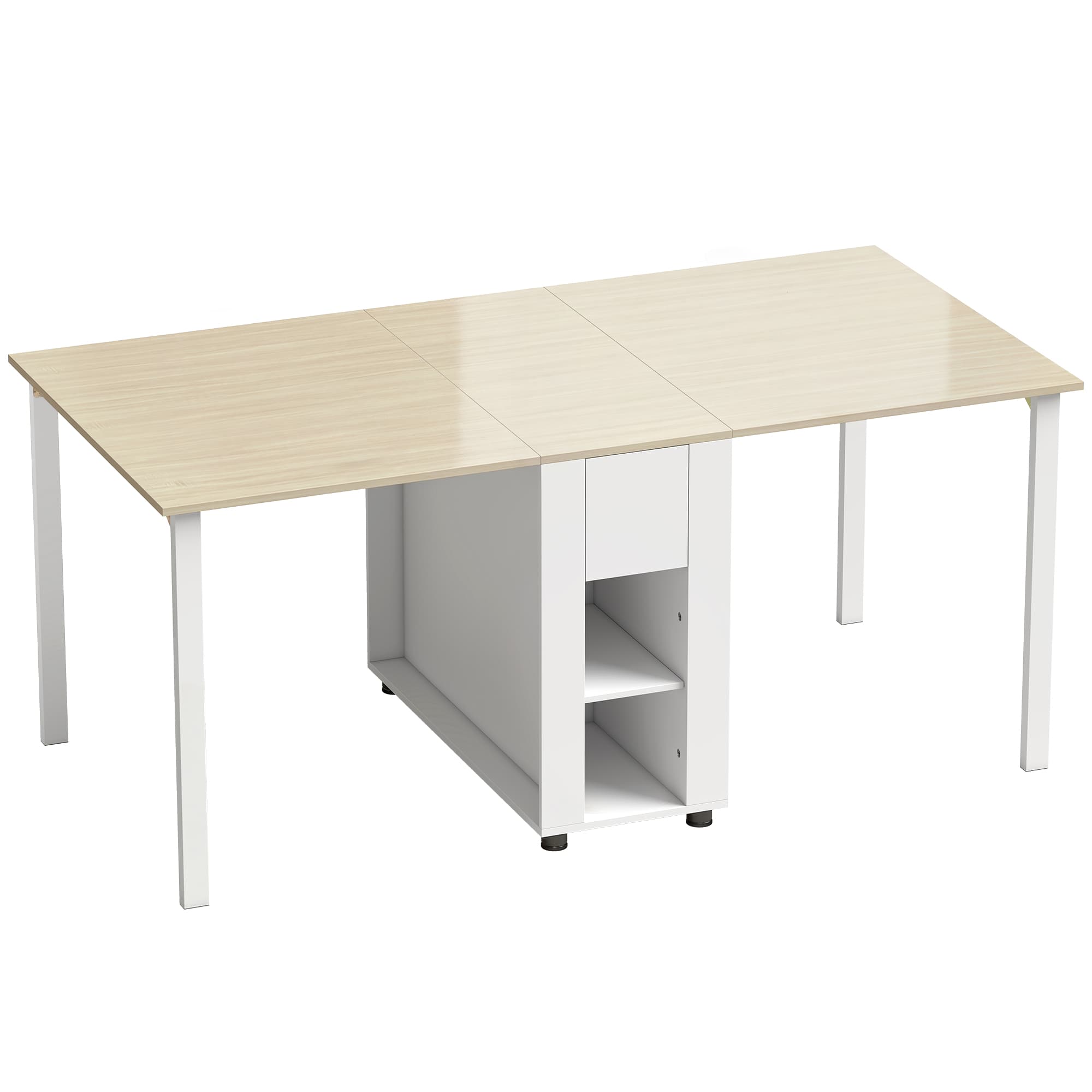 HOMCOM Table à manger pliante pour 6 personnes 39-168 cm, table de cuisine avec 2 tiroirs et 4 étagères ouvertes, blanc