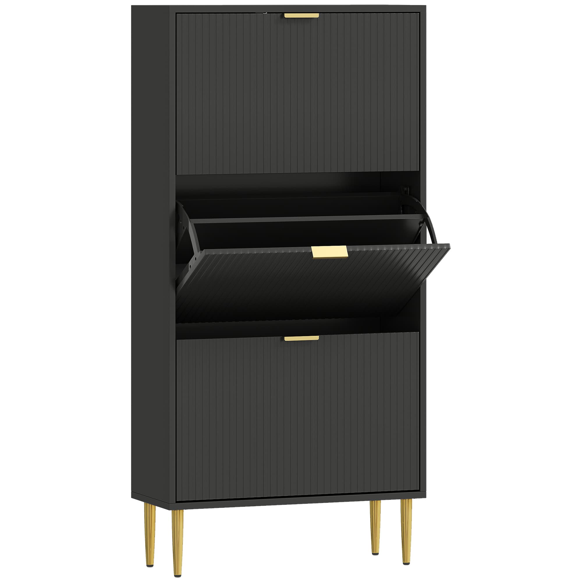HOMCOM Meuble à chaussures 18 paires avec 3 tiroirs rabattables, portes cannelées et étagères réglables, 60x24x128cm, noir