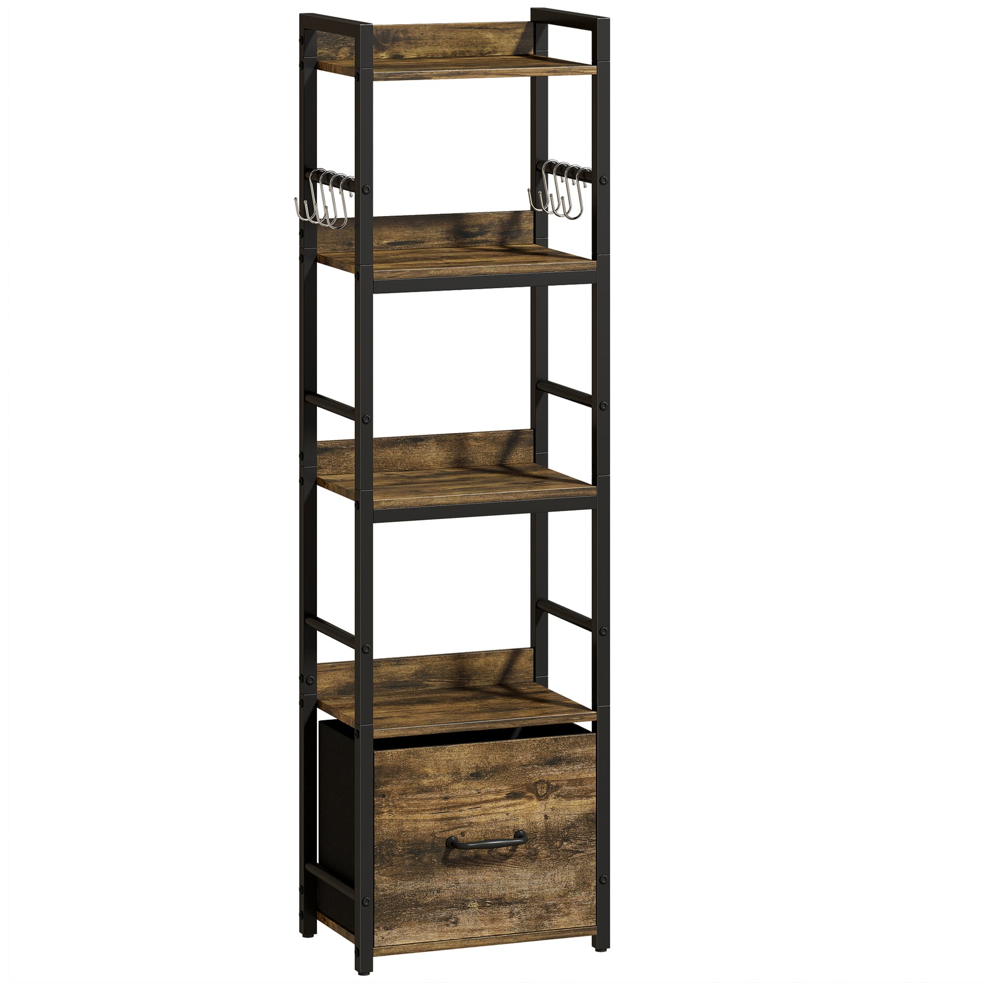 HOMCOM Bibliothèque à 4 niveaux, étagère de rangement étroite avec tiroir, 8 crochets, , 39 x 26 x 136,5 cm, brun rustique