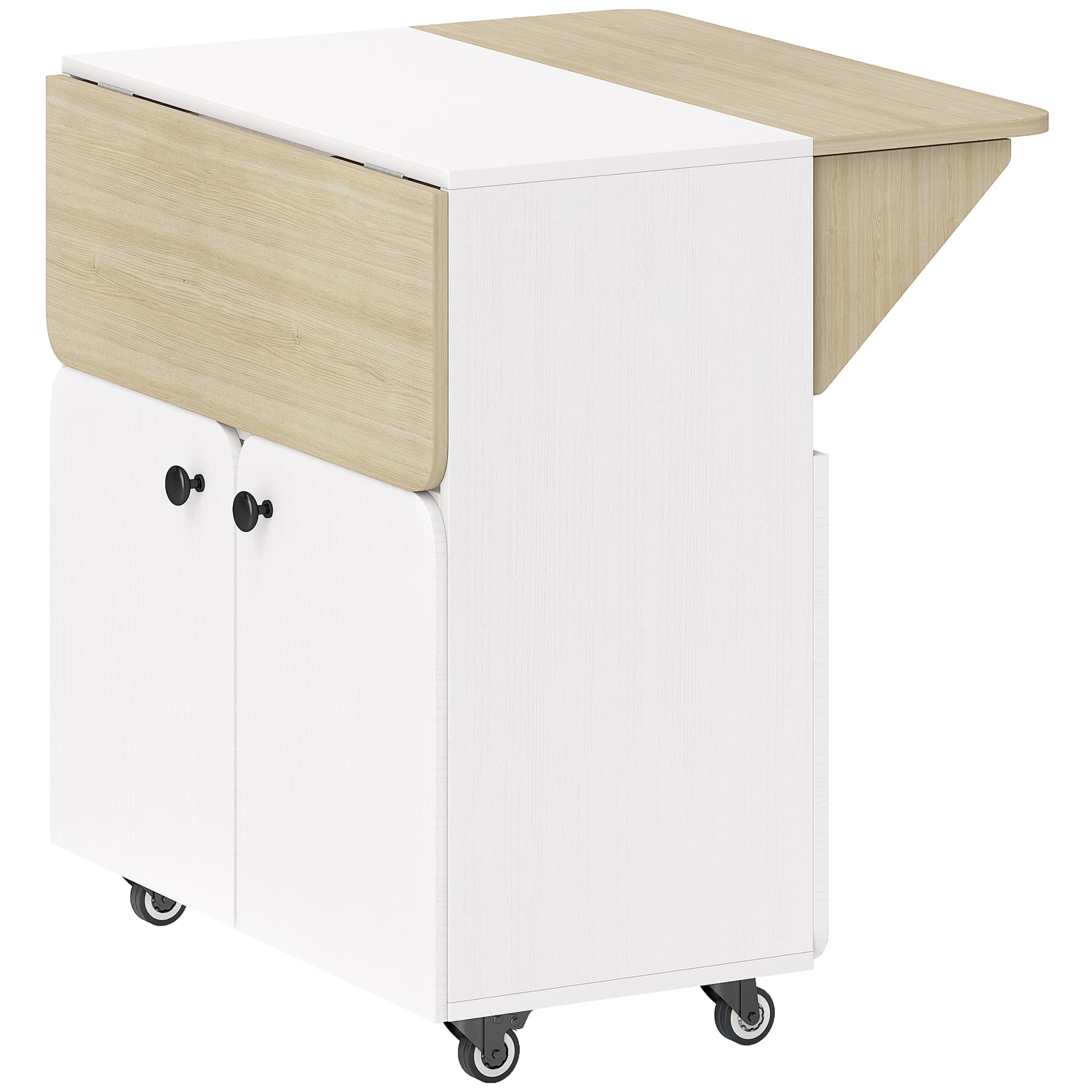 HOMCOM Table à manger pliante sur roulettes, table de cuisine 4 personnes, 2 abattants, étagère, placard, 70x83x75cm, blanc
