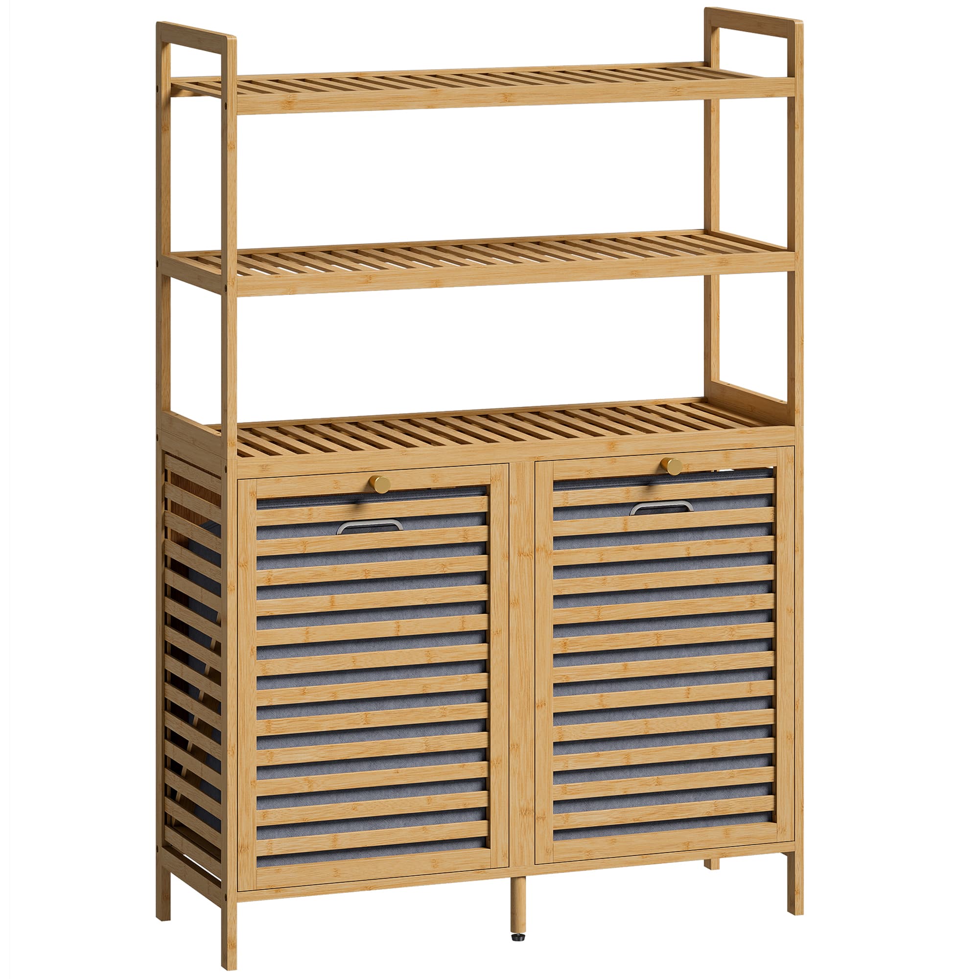 HOMCOM Meuble de salle de bain avec panier à linge en bambou avec 2 paniers amovibles et étagères à 3 niveaux, chêne