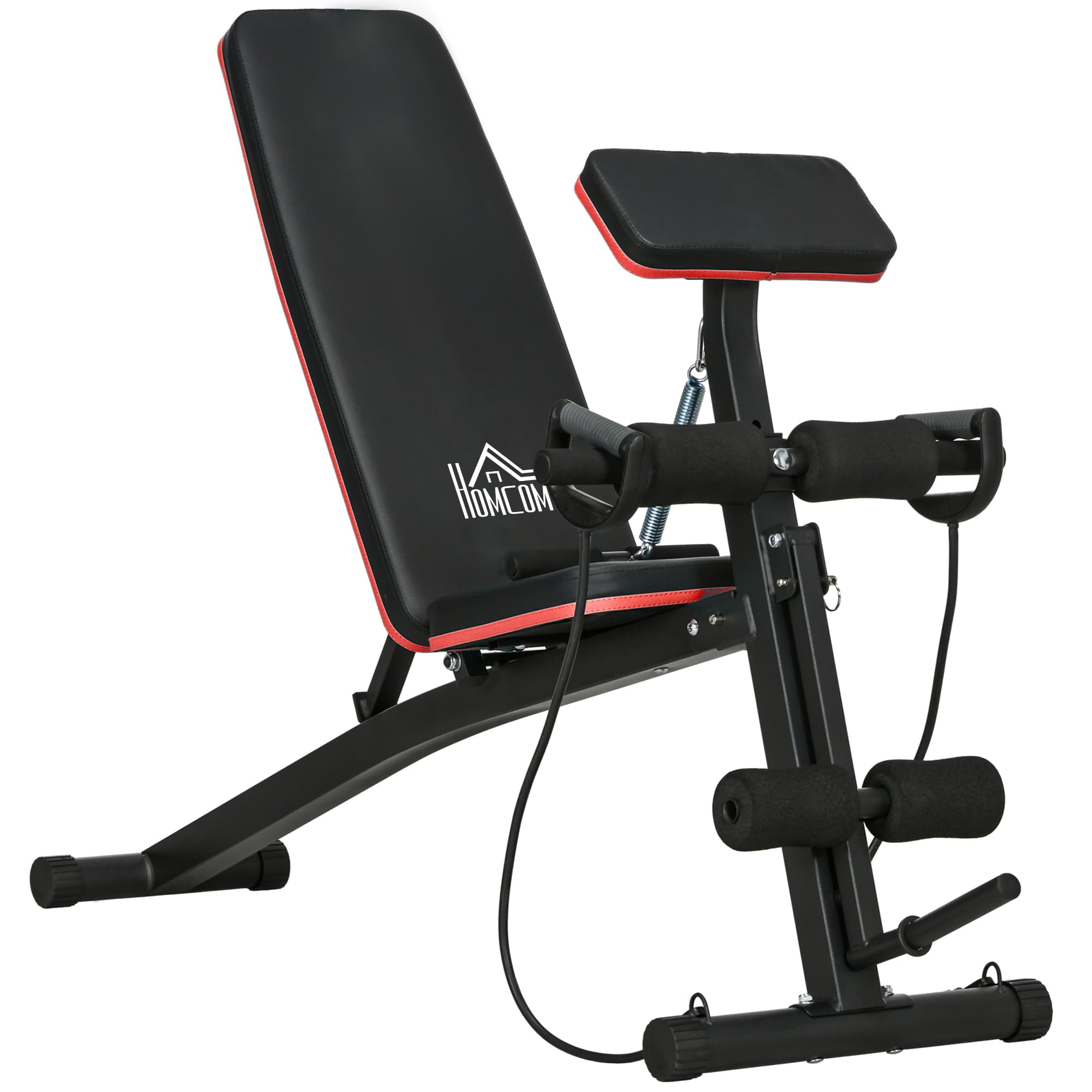 HOMCOM Banc de musculation pliable inclinable réglable 160L x 54l x 106H cm sangles élastiques + support haltères inclus acier noir rouge