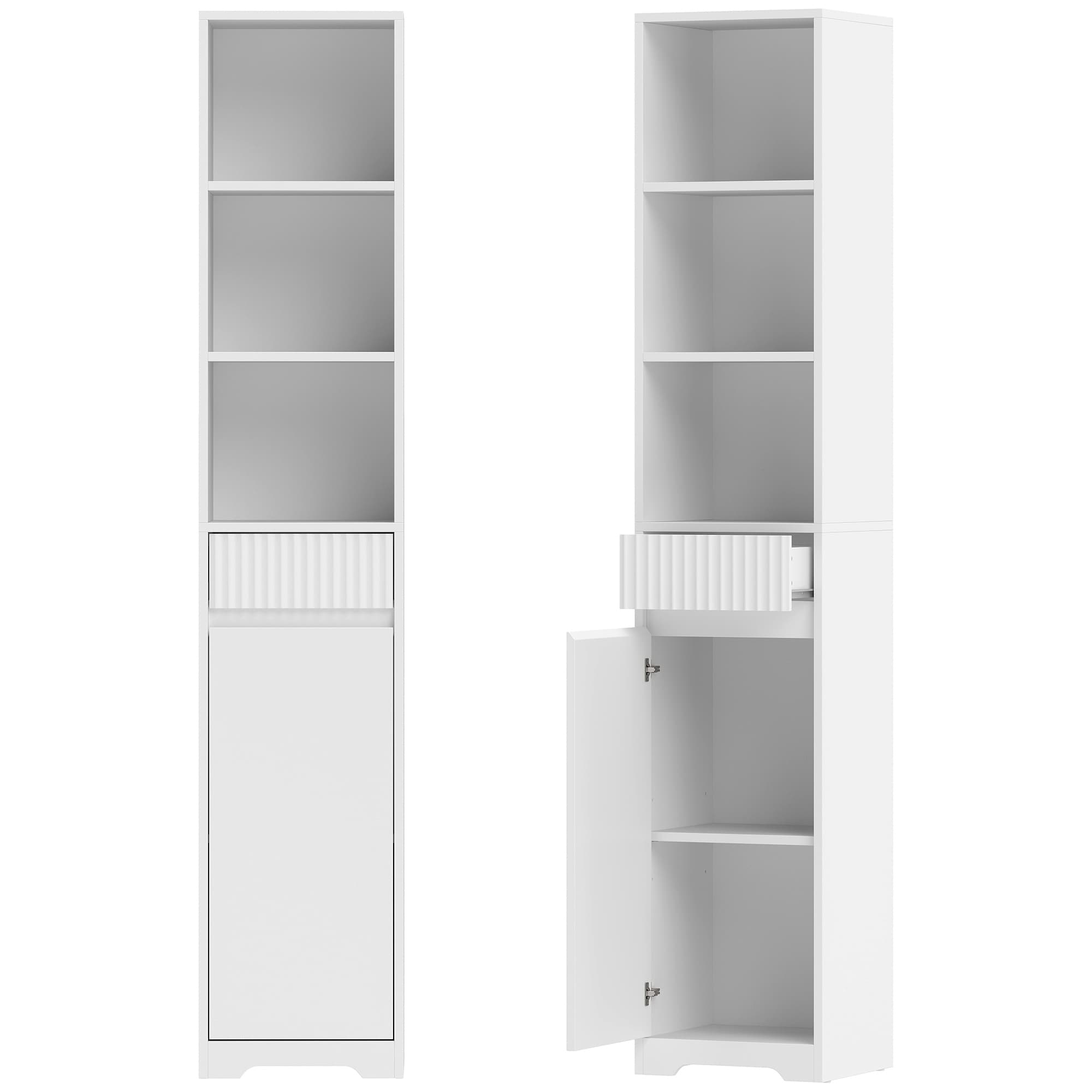 HOMCOM Meuble de salle de bain haut, meuble de rangement avec porte, tiroir, compartiments ouverts, étagère réglable, blanc