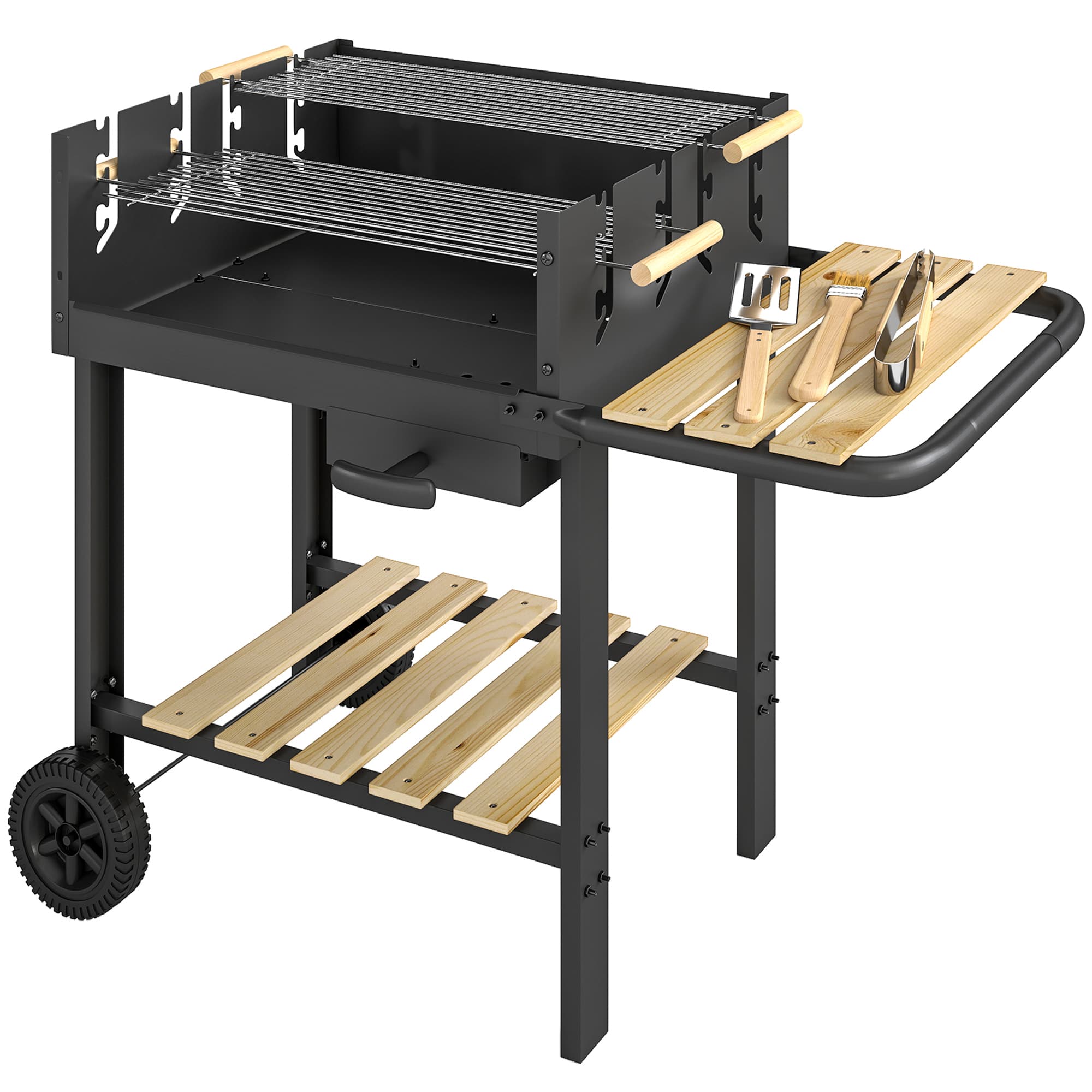 Outsunny Chariot à barbecue de bois avec 2 grilles réglables, barbecue au charbon de bois sur roulettes, tablette latérale, noir
