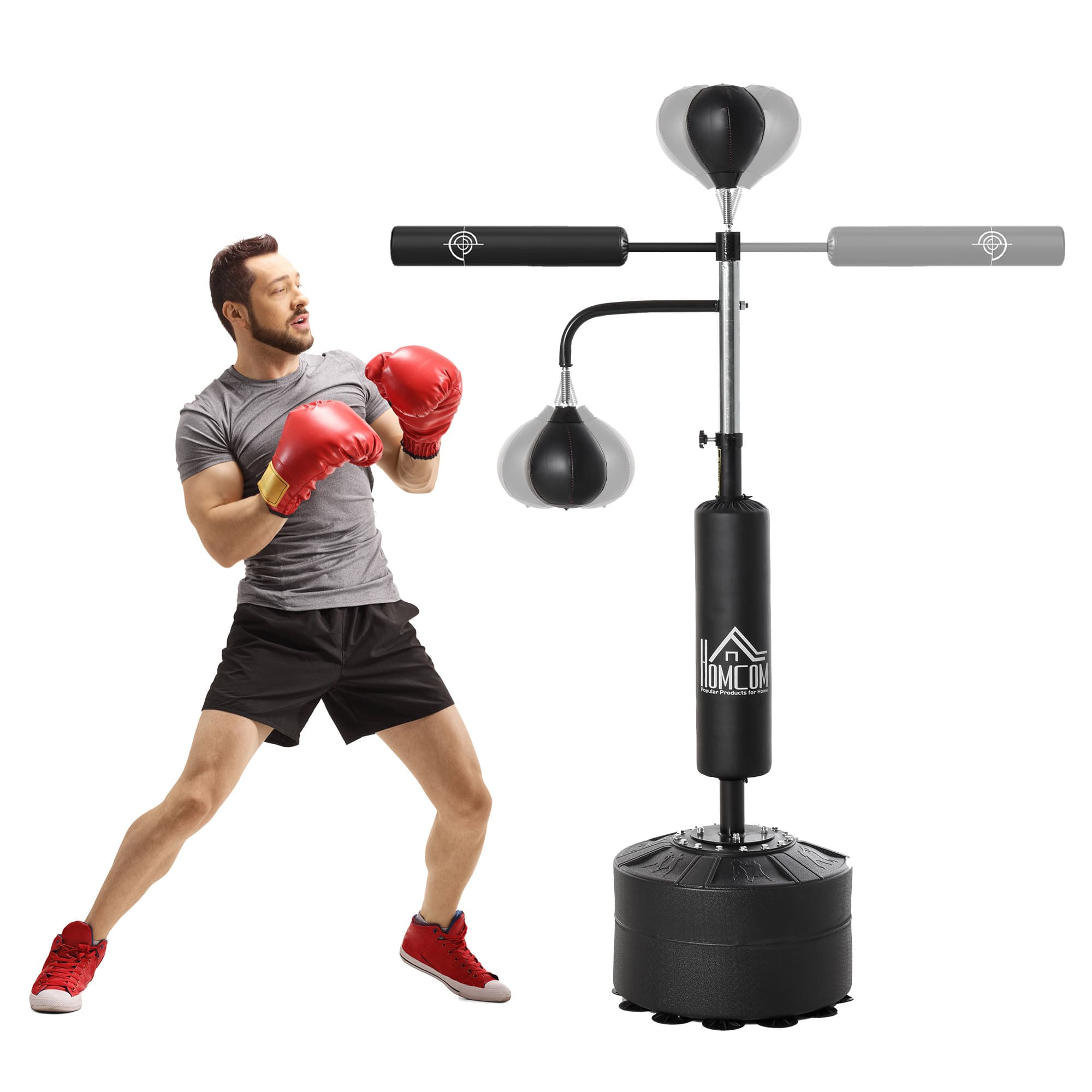 HOMCOM Sac de frappe boxe autoportant punching ball brunier 3 en 1 Doté de 2 punching ball HDPE 88 x 50 x 160-230 cm noir