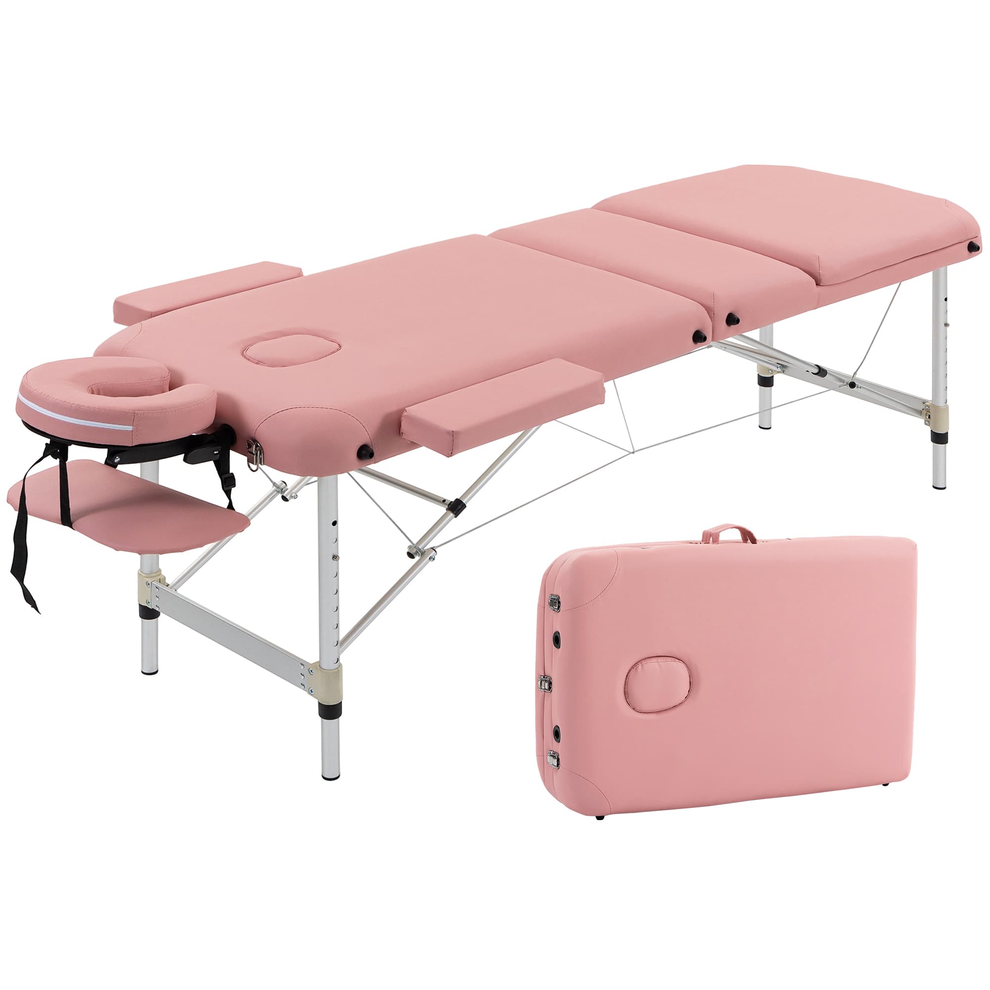 HOMCOM Table de Massage Pliante en Aluminium avec Hauteur Réglable 3 Zones Appui-tête Amovible Housse de Transport Rose