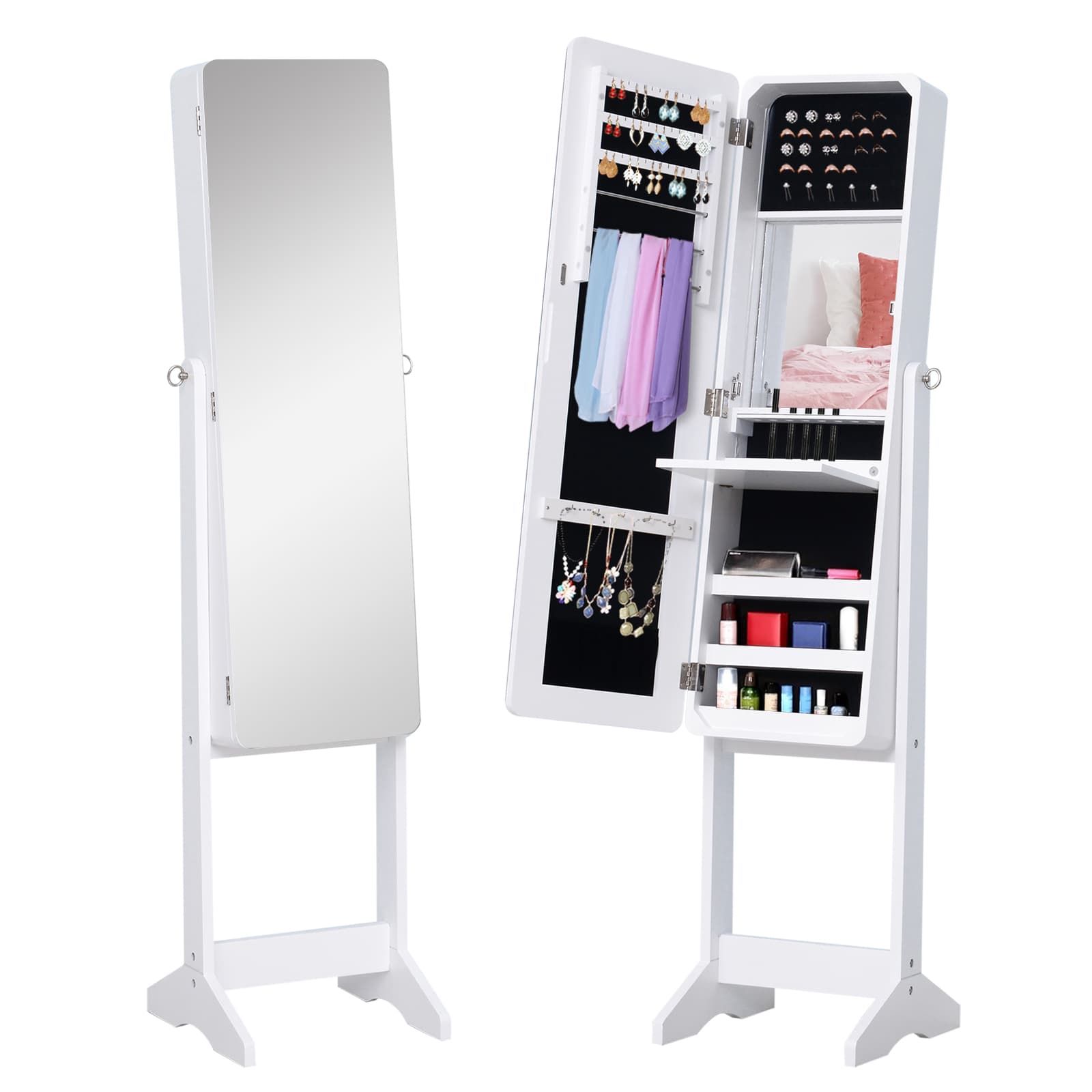 HOMCOM Armoire à Bijoux Armoire de Rangement sur Pied avec Miroir et Serrure Éclarage LED MDF 30 x 36 x 146 cm Marron Foncé