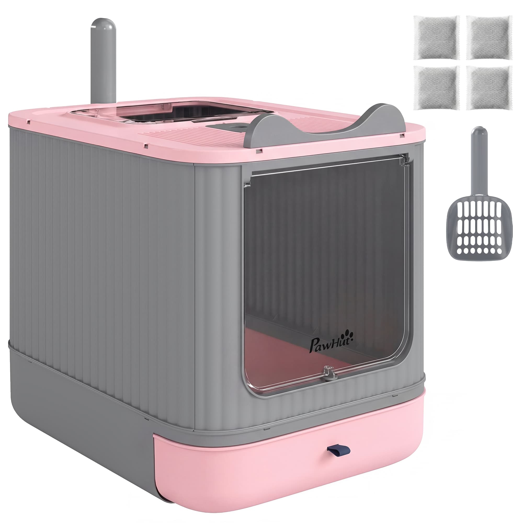 PawHut Bac à litière pour chats couvert M avec couvercle basculant Sortie supérieure Pelle Sachets désodorisants Facile à nettoyer Rose