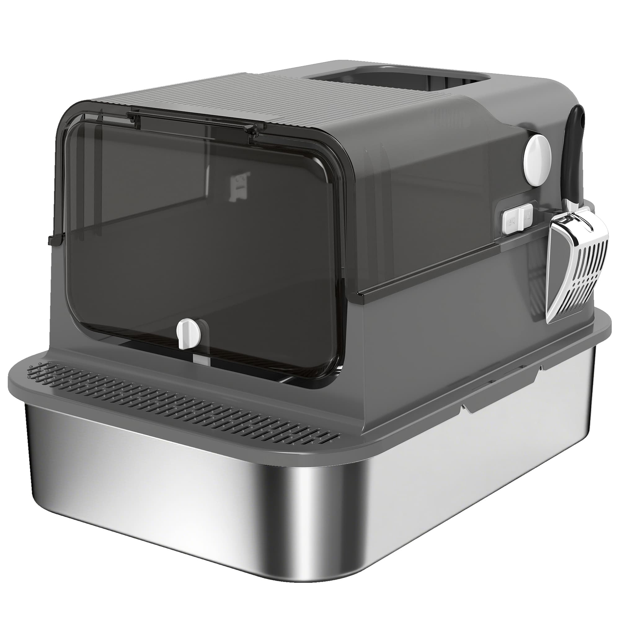 PawHut Litière pour Chat Fermée en Acier Inox 52 L avec Couvercle Basculant, Double Porte, Pelle, Noir