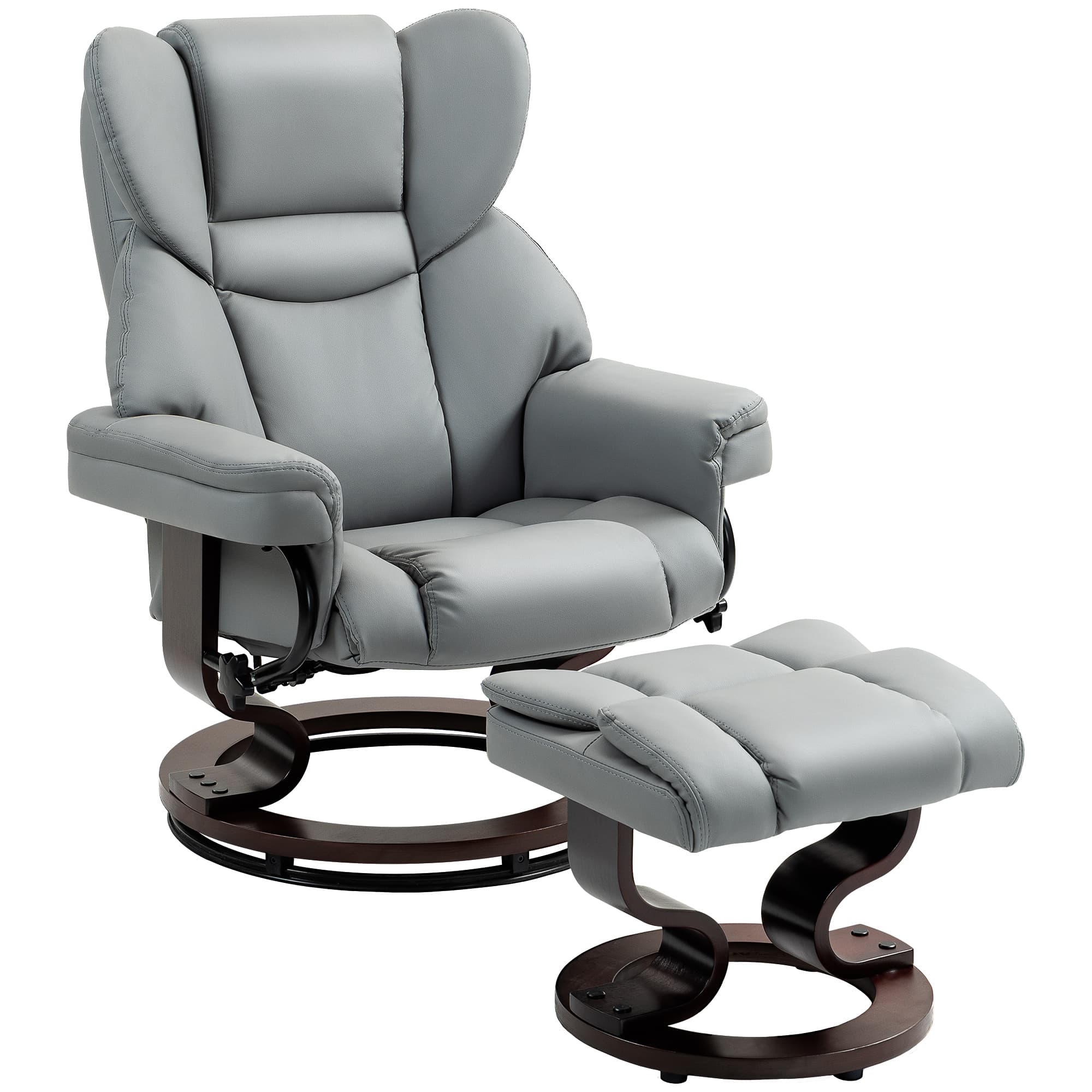 HOMCOM Fauteuil relax pivotant avec repose-pieds, dossier haut, mousse haute densité, pied en bois, gris clair