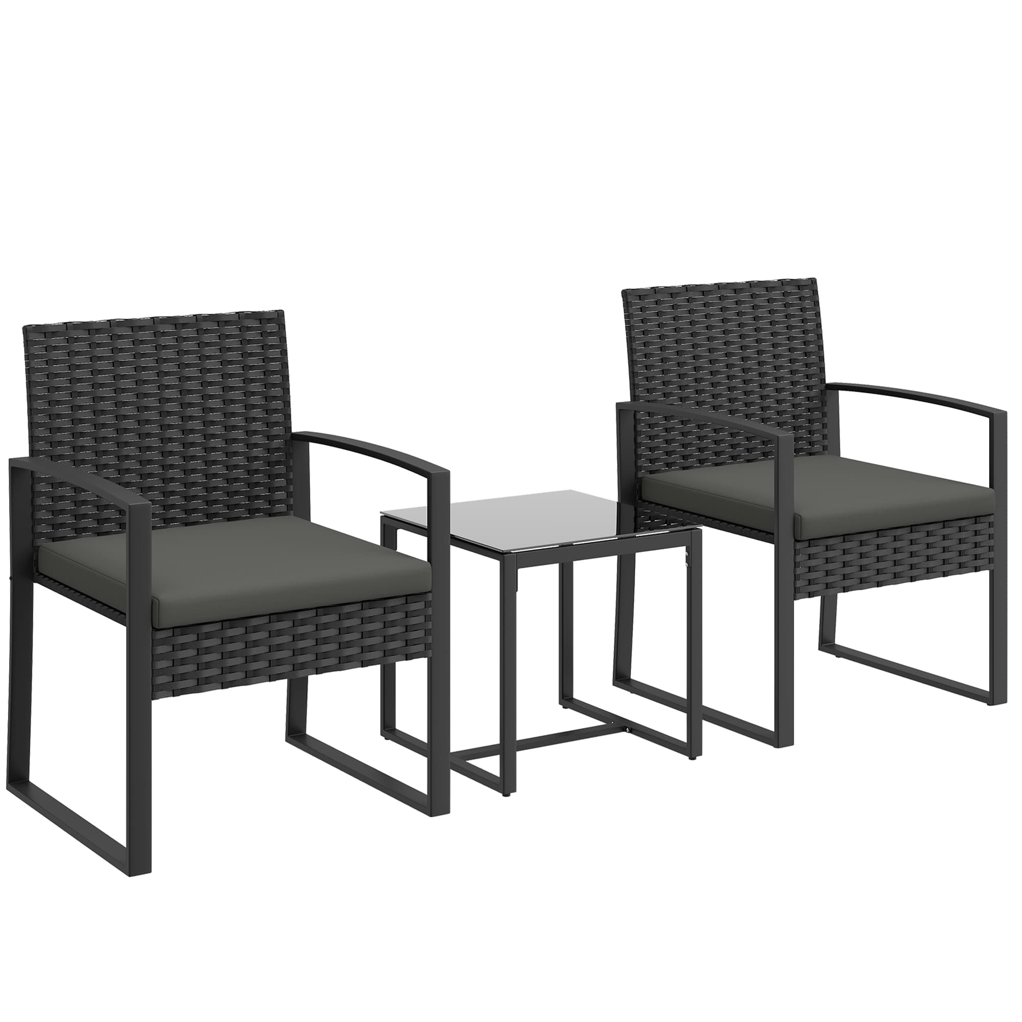 Outsunny Salon de jardin extérieur en résine tressée 2 personnes, table de jardin avec 2 chaises, plateau en verre trempé, noir
