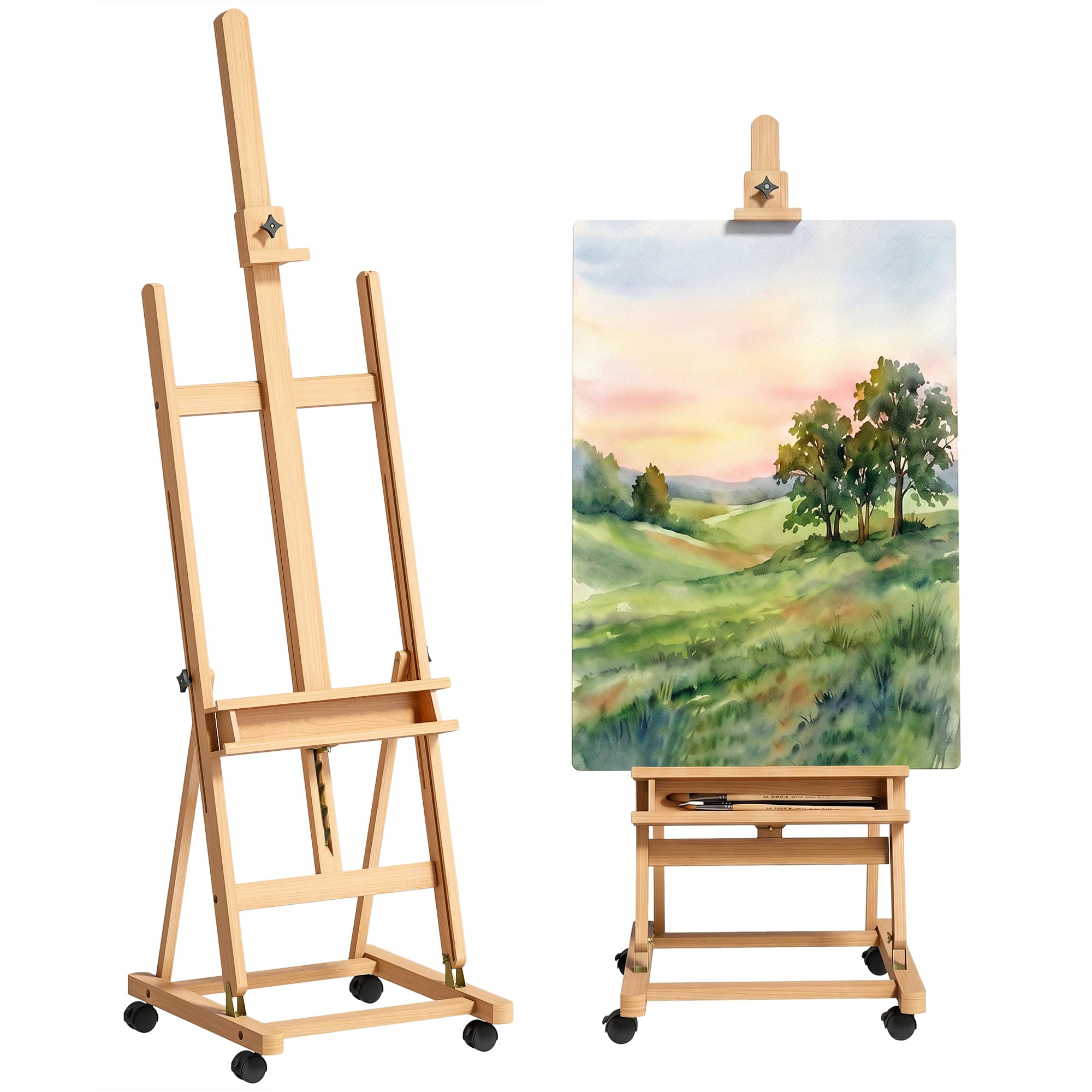 Vinsetto Chevalet d'artiste sur roulettes pliable en bois de hêtre pour toiles à peindre jusqu'à 118 cm bois naturel