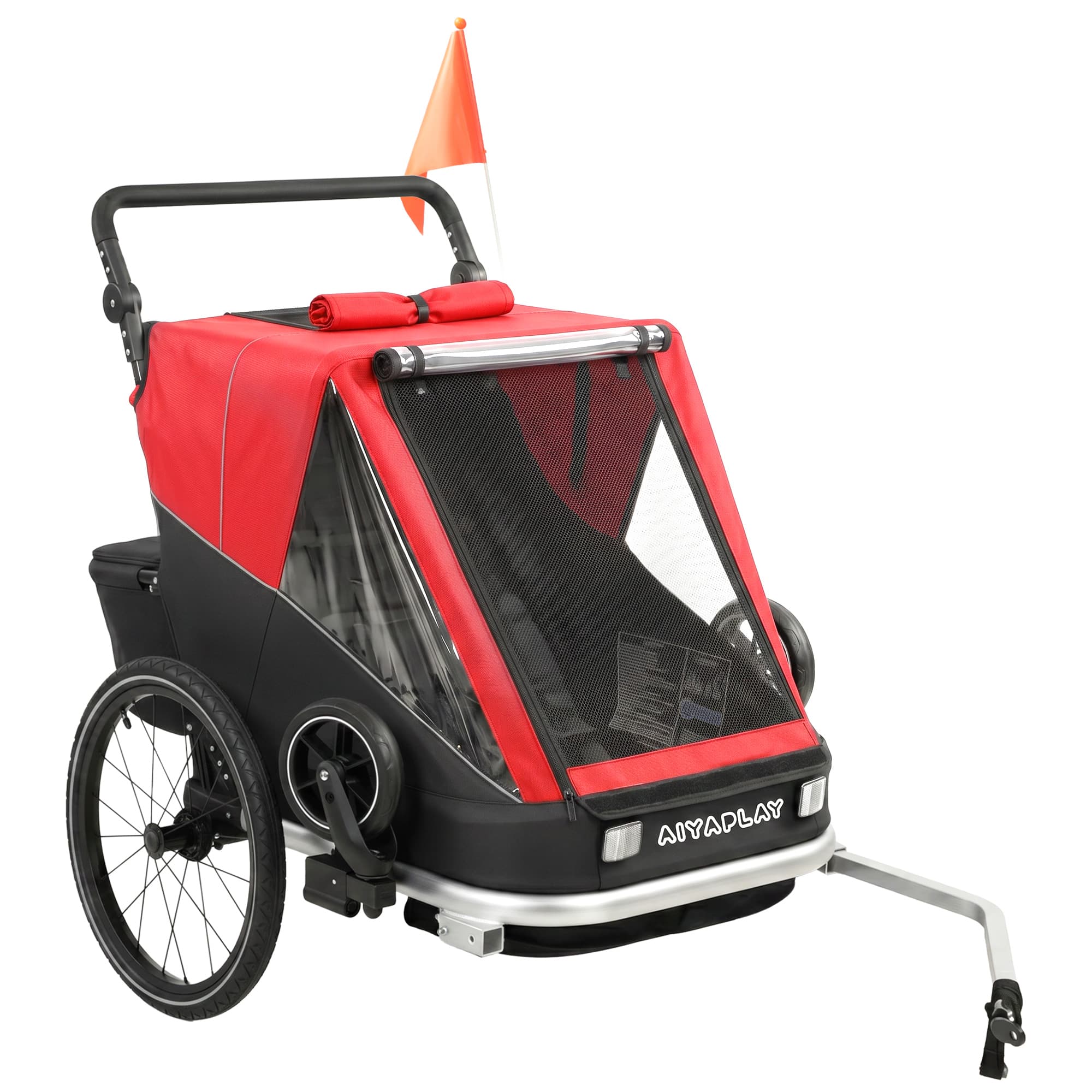 AIYAPLAY Remorque vélo pour enfants, 2 places, remorque vélo enfant 2-en-1 pliable avec siège et harnais réglables, rouge
