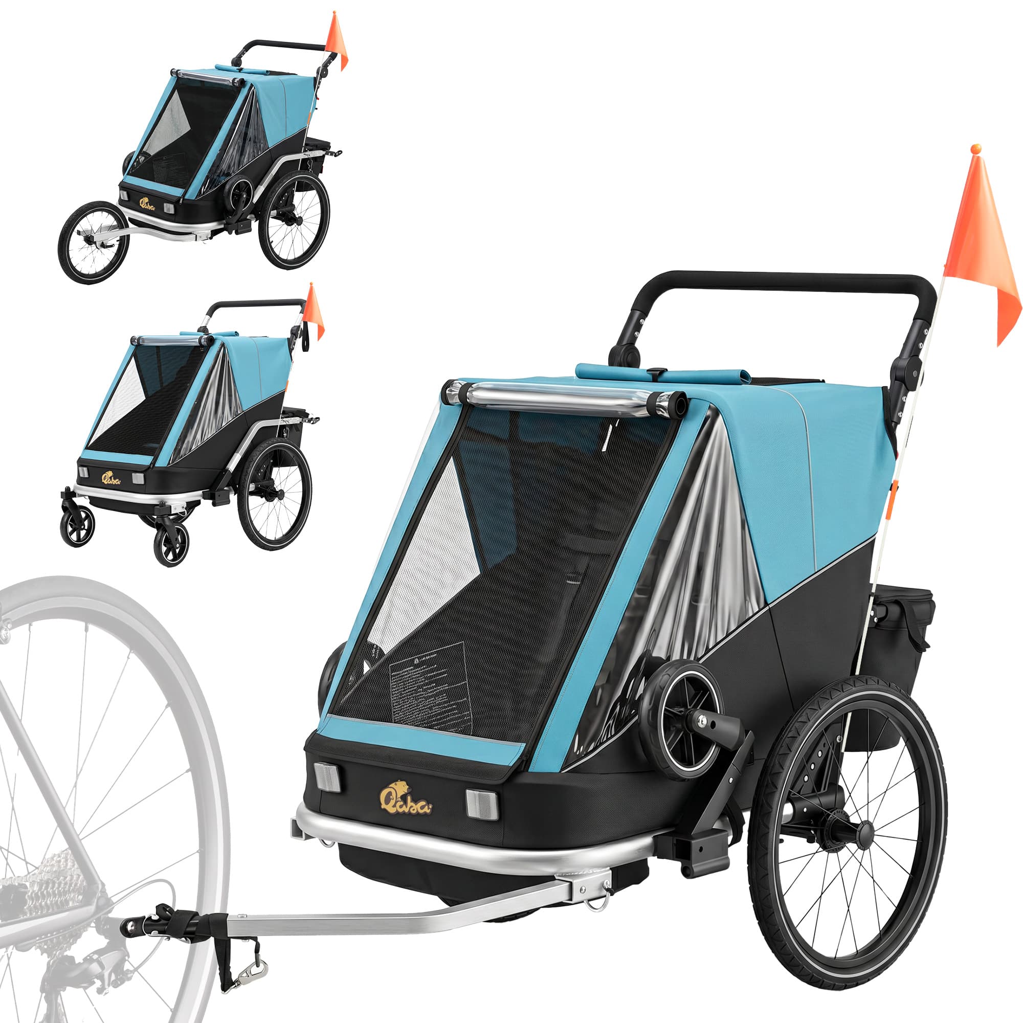 AIYAPLAY Remorque vélo pour enfants, 2 places, remorque vélo enfant 2-en-1 pliable avec siège réglable et harnais, Bleu