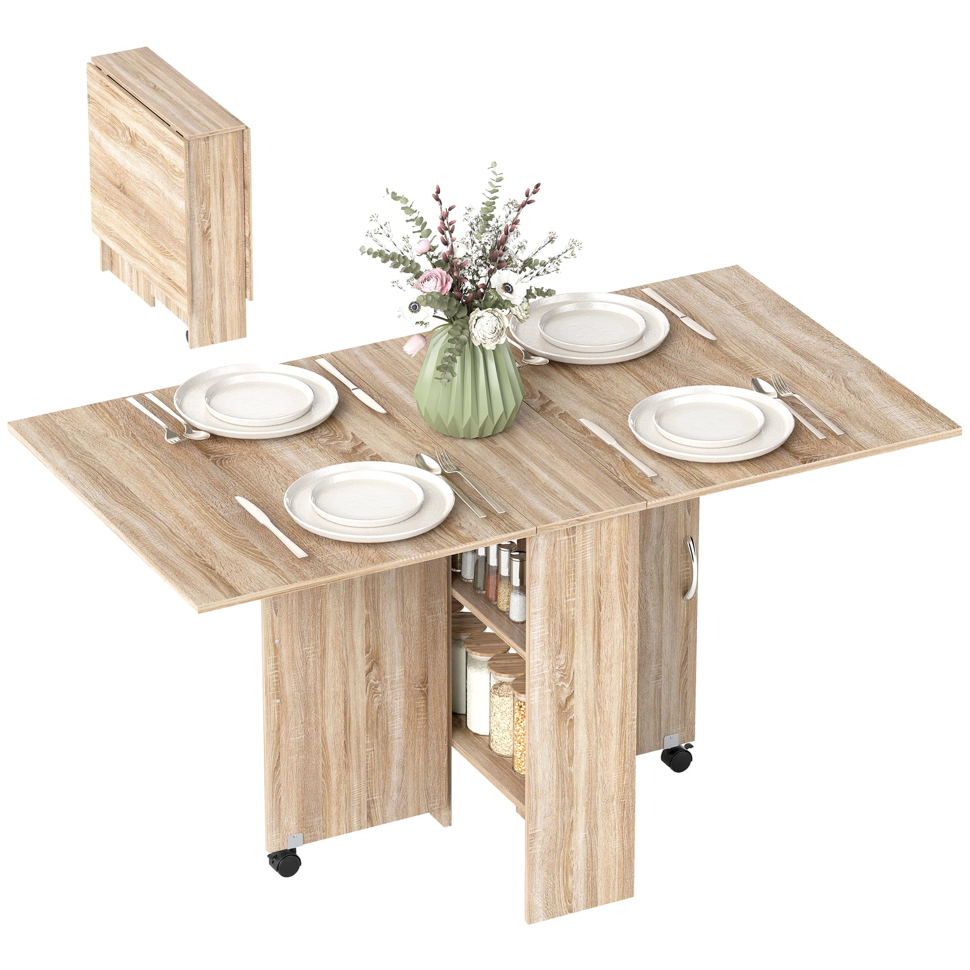 HOMCOM Table à manger table de cuisine pliante mobile sur roulettes 2 plateaux rabattables et 2 étagères intégrées 140 x 80 x 74 cm naturel