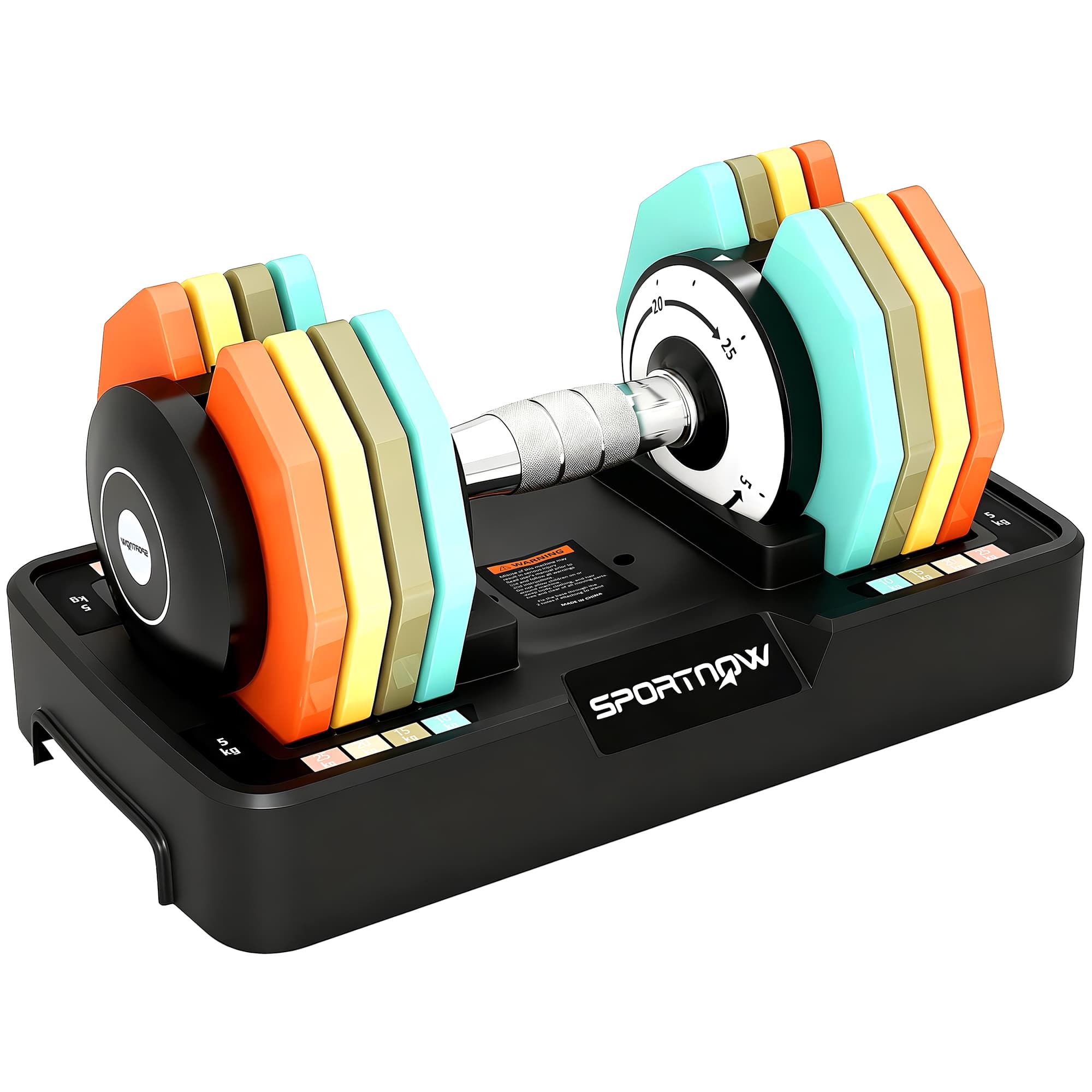 SPORTNOW Haltère réglable 5 à 25 kg avec base de rangement 5 niveaux de poids, poignée antidérapante disques d'haltères octogones