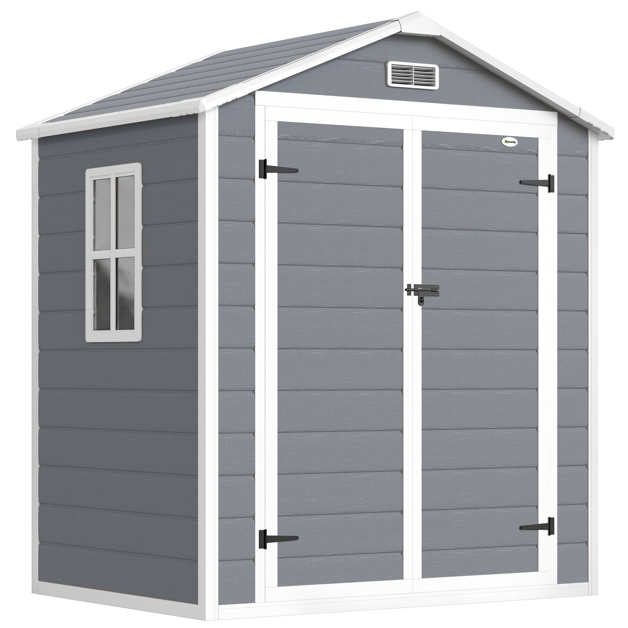 Outsunny Abri de jardin cabanon en résine polypropylène 2,12 m2 - 2 portes 1 fenêtre et 1 grille d'aération, toit en pente, gris