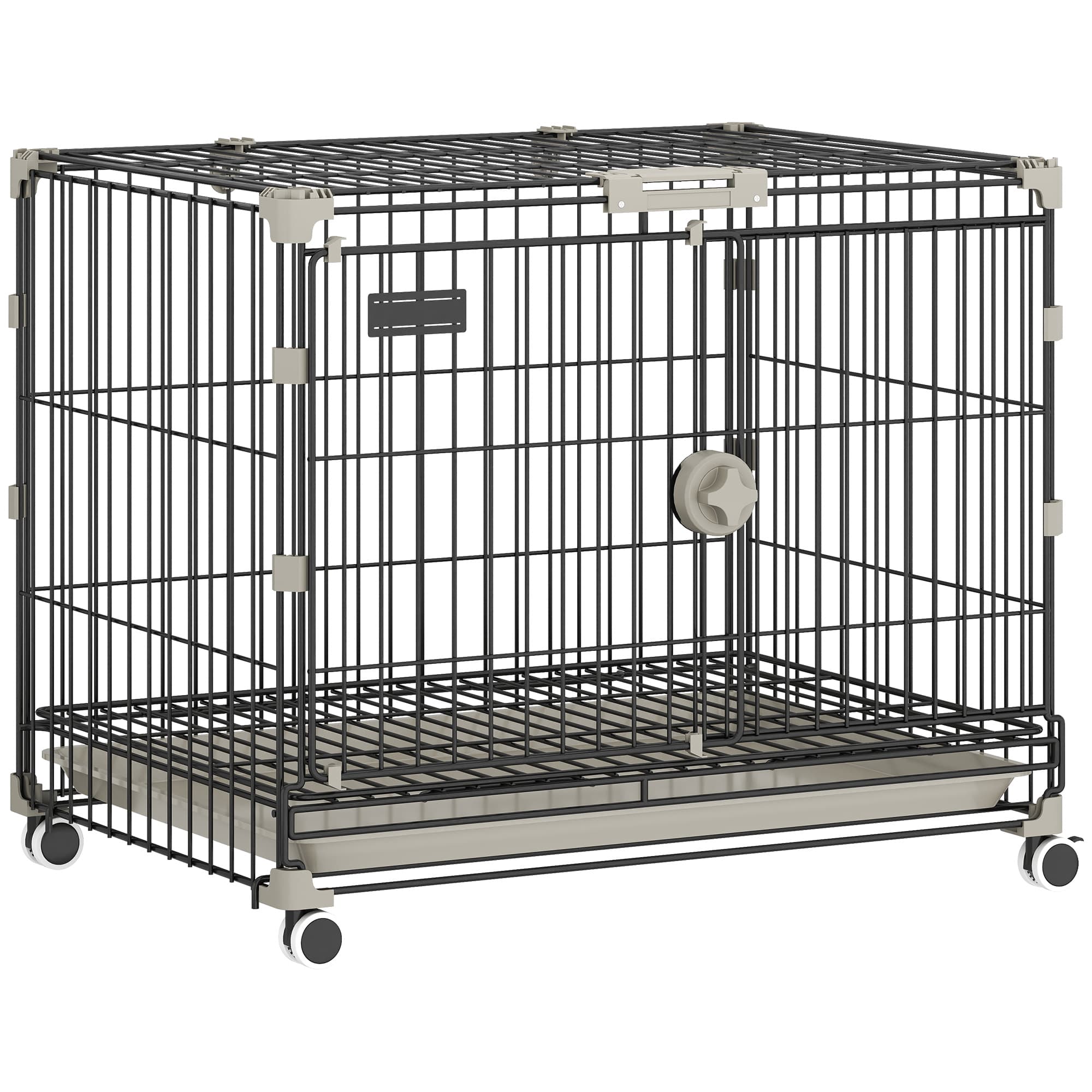 PawHut Cage pour Chien Pliable, Plateau Amovible, Roues avec Freins, Toit Ouvrant, Porte de Nourrissage, 60,5x45,5x54,5cm, Noir