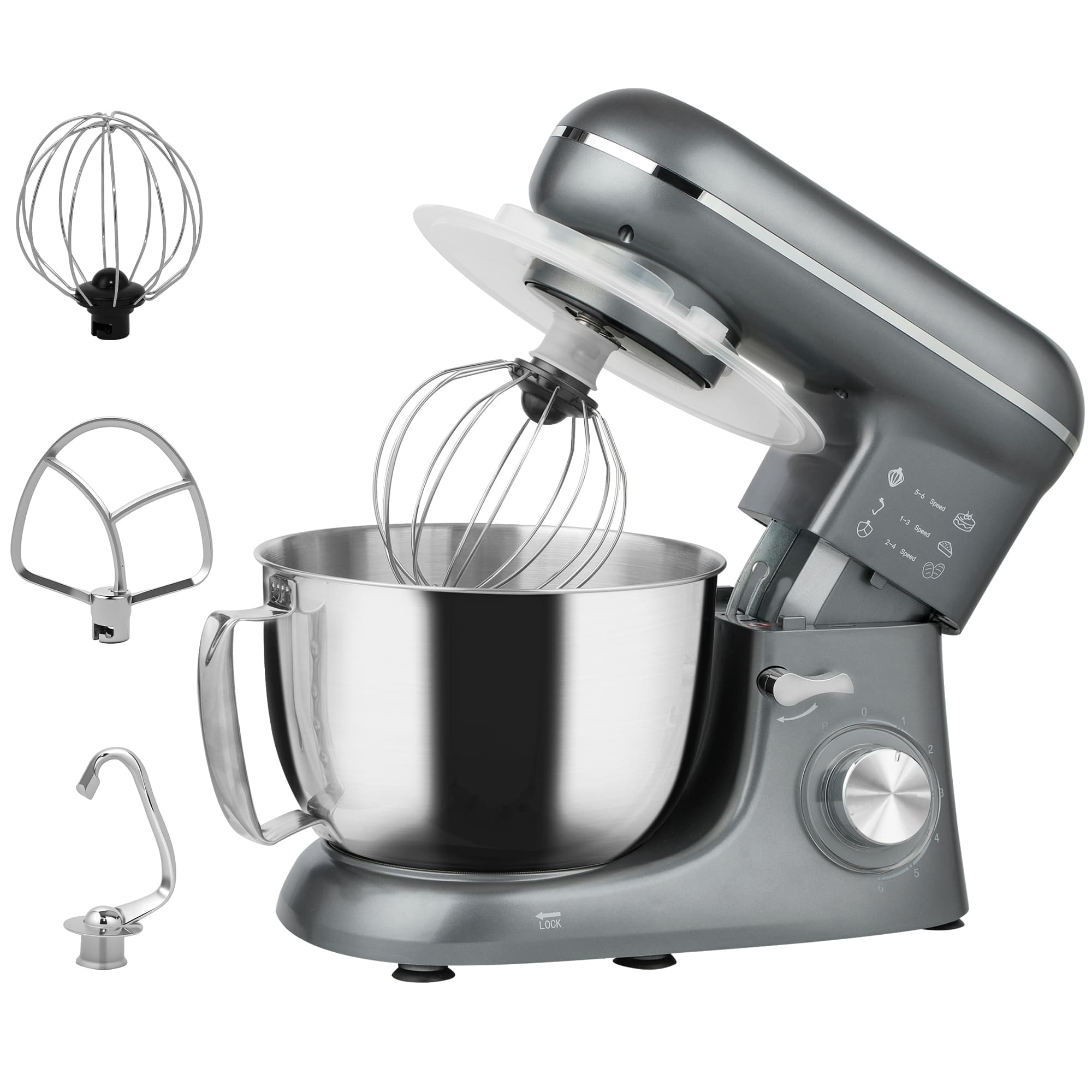 HOMCOM Robot pâtissier 1300 W, robot pétrin professionnel 4,5 L, bol d'acier inoxydable, 6+P vitesses et pulse, argent