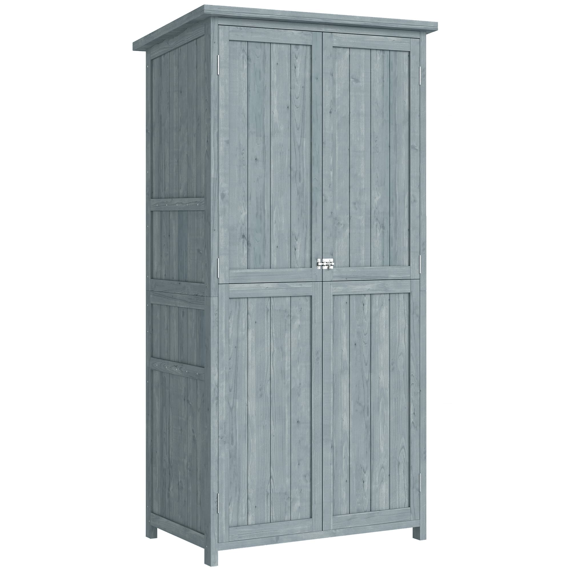 Outsunny Armoire de jardin, armoire extérieure de rangement en bois avec 2 portes verrouillables, 2 étagères et 10 crochets, gris