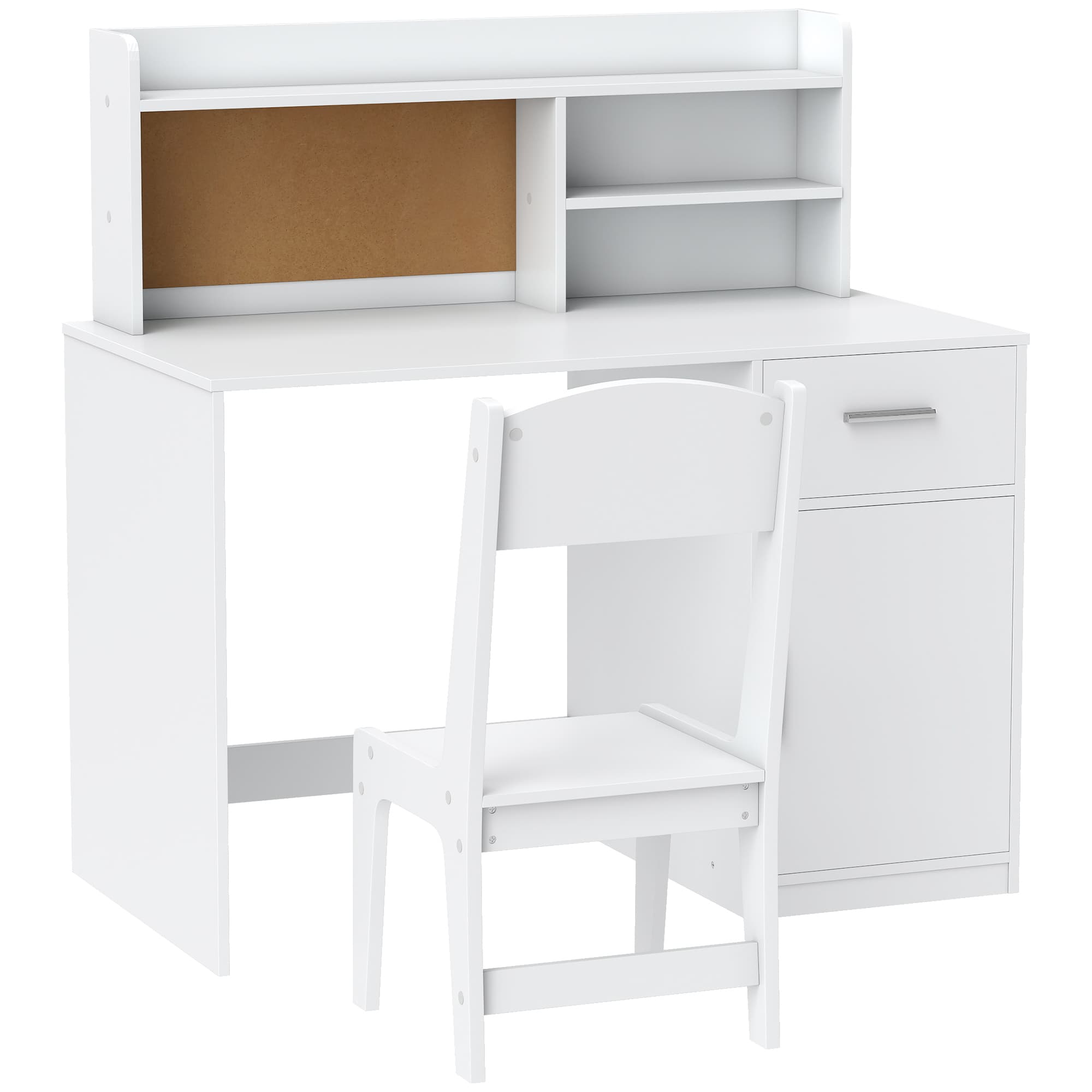 AIYAPLAY Bureau enfant avec chaise, table enfant et chaise, tiroir, placard, compartiments ouverts, tableau en liège, blanc