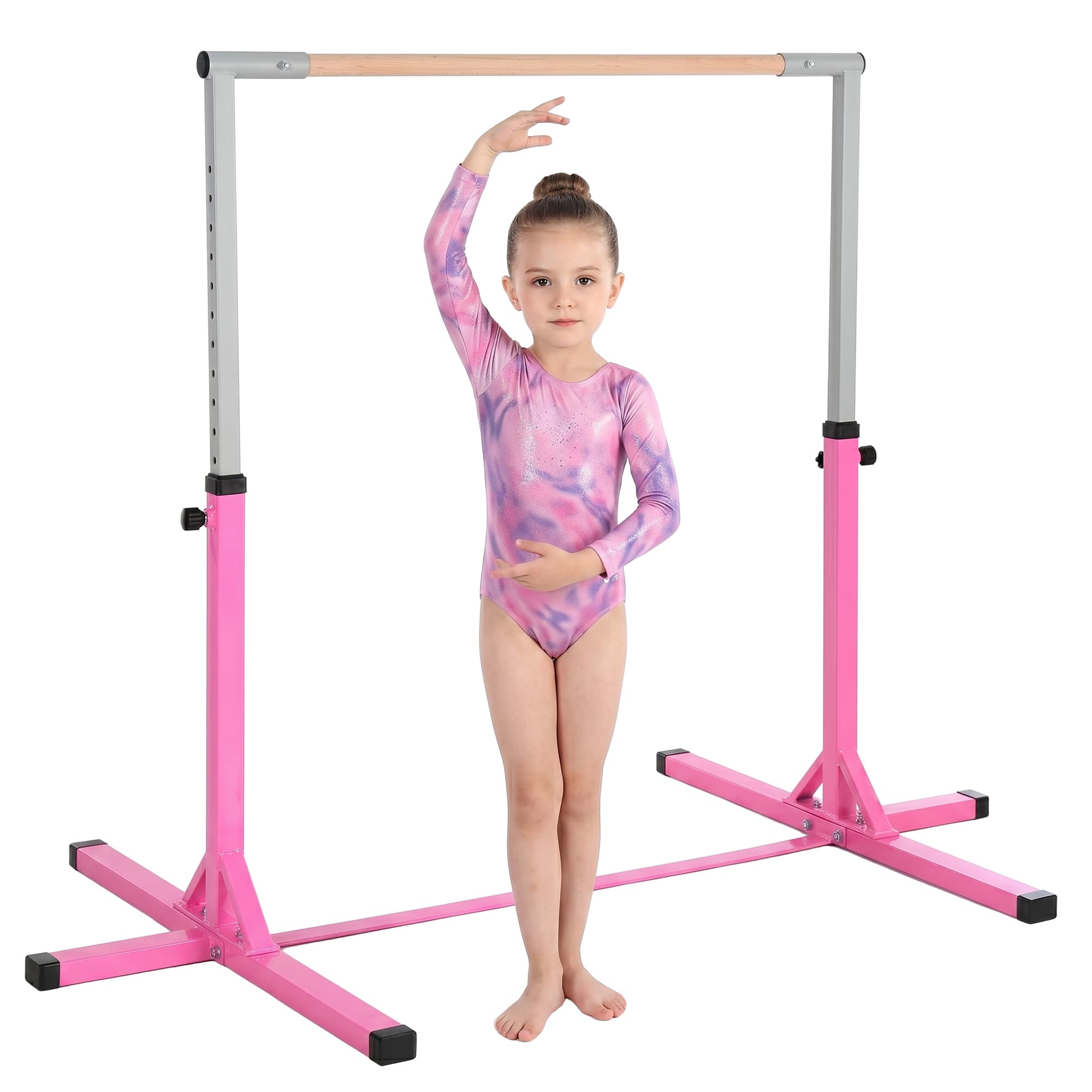 HOMCOM Barre fixe de gymnastique enfant - barre de gymnastique hauteur réglable 13 niveaux 92 à 150 cm - acier rose bois massif hêtre