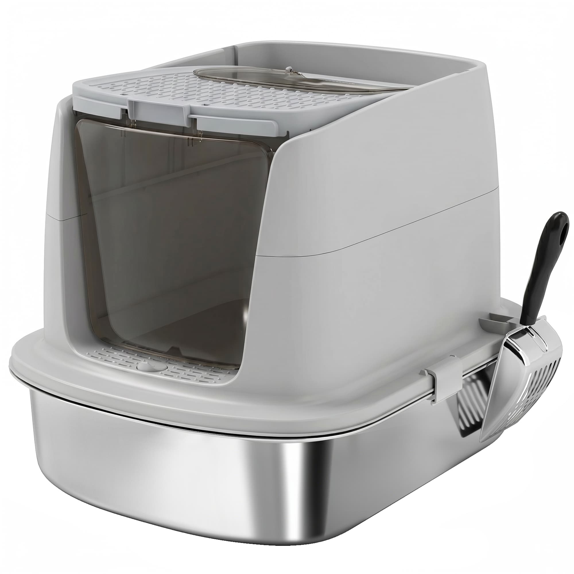 PawHut Litière fermée en acier inoxydable avec couvercle basculant, double porte, pelle, Gris clair