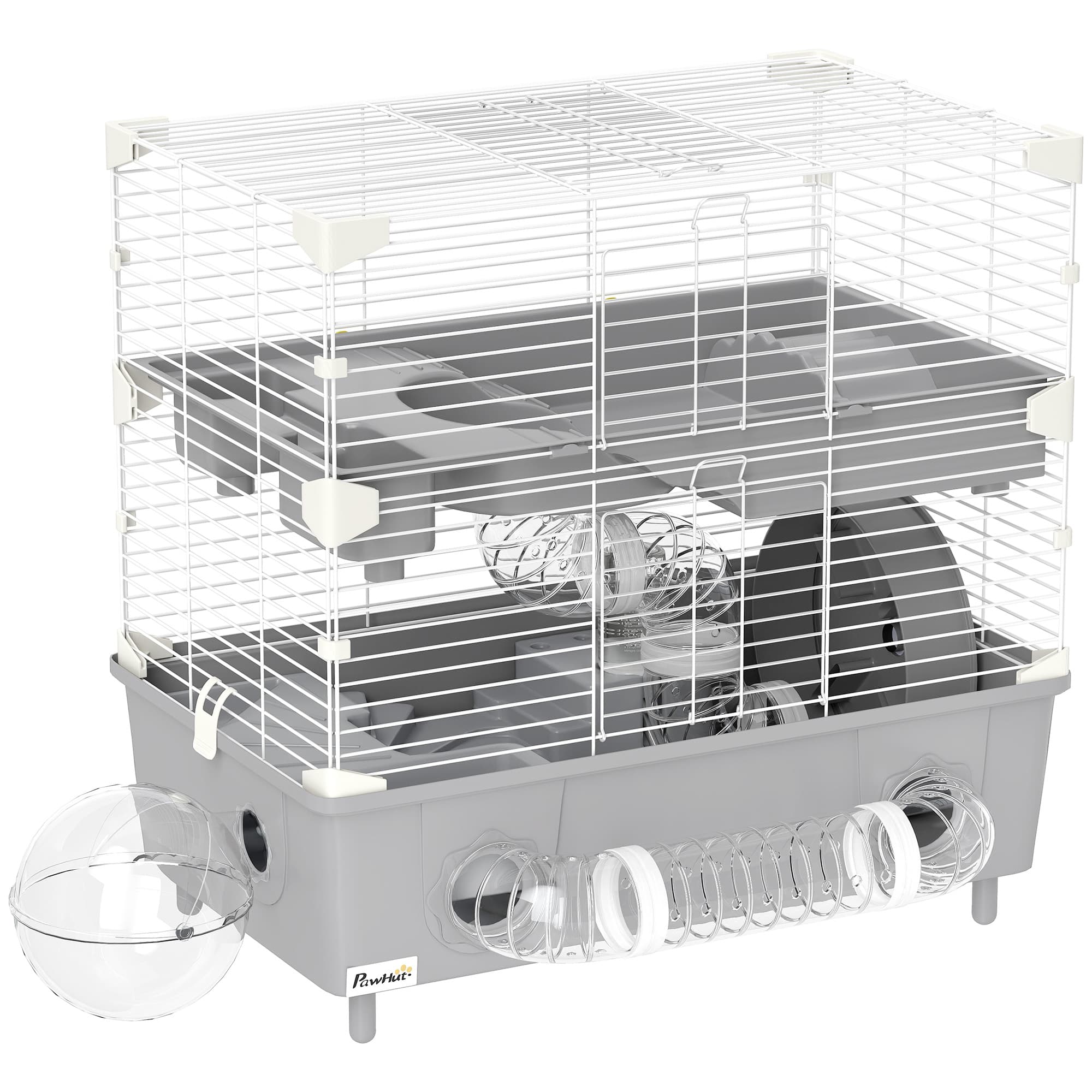PawHut Cage pour hamster à 2 niveaux avec roue de course salle de bain en sable pour hamster nain 44,5 x 28 x 44 cm gris