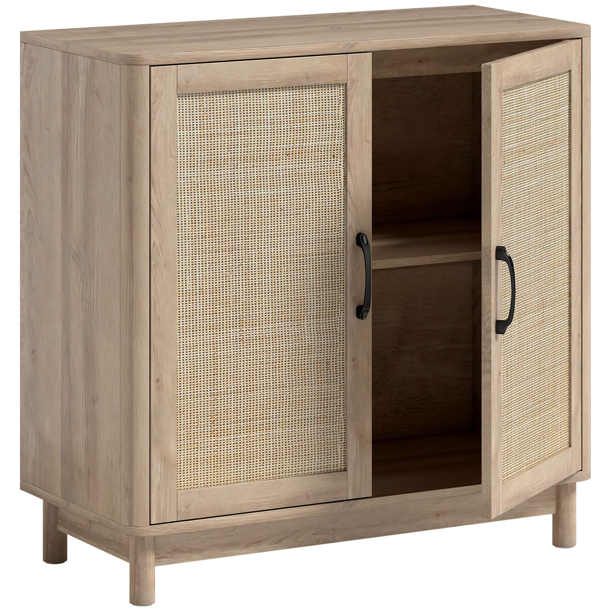 HOMCOM Buffet salon, meuble de rangement avec 2 portes en rotin, étagère réglable et bords arrondis, 76 x 35 x 75,5 cm, chêne