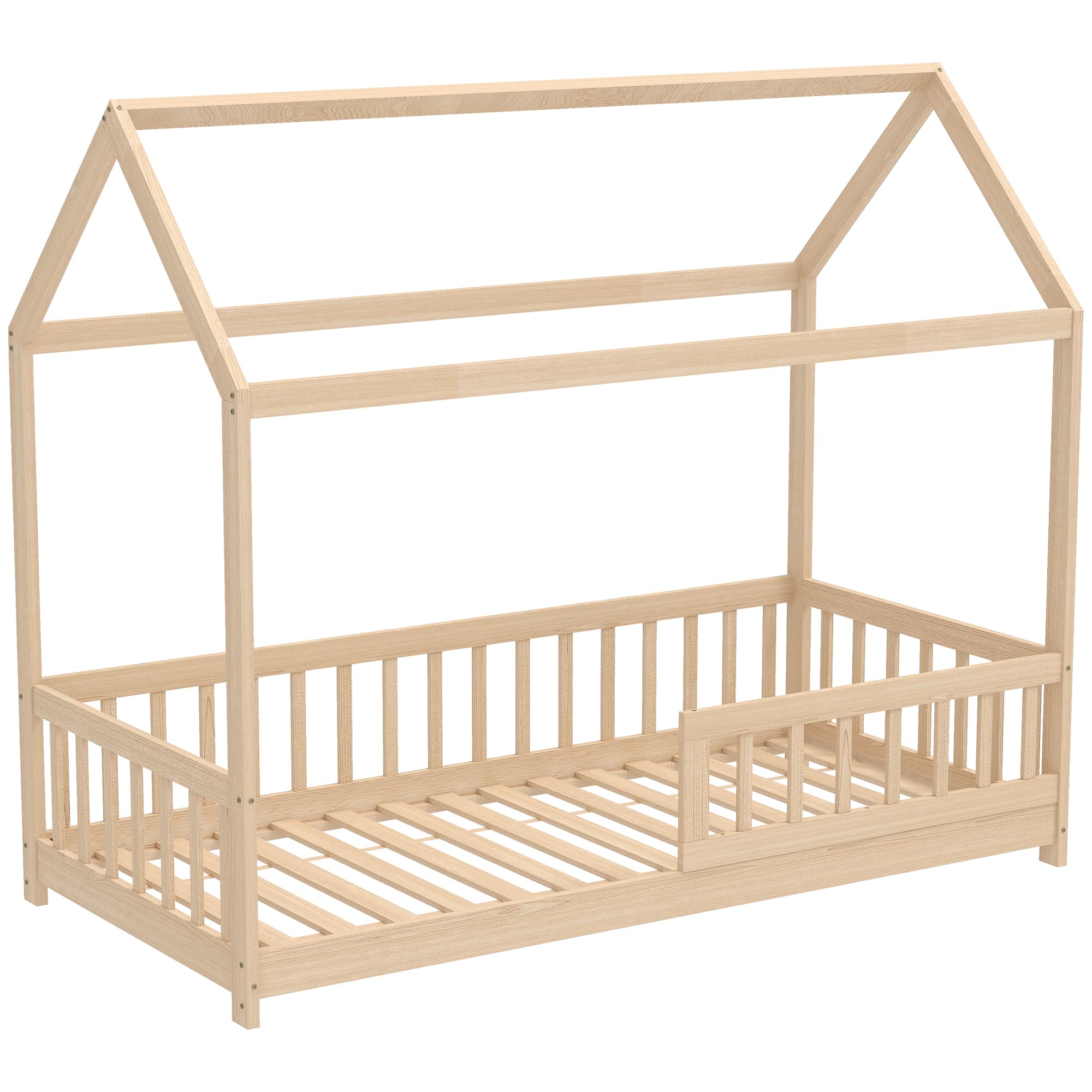 HOMCOM Structure de lit pour enfants en forme de maison avec lattes et barrière, en pin, Couleur bois