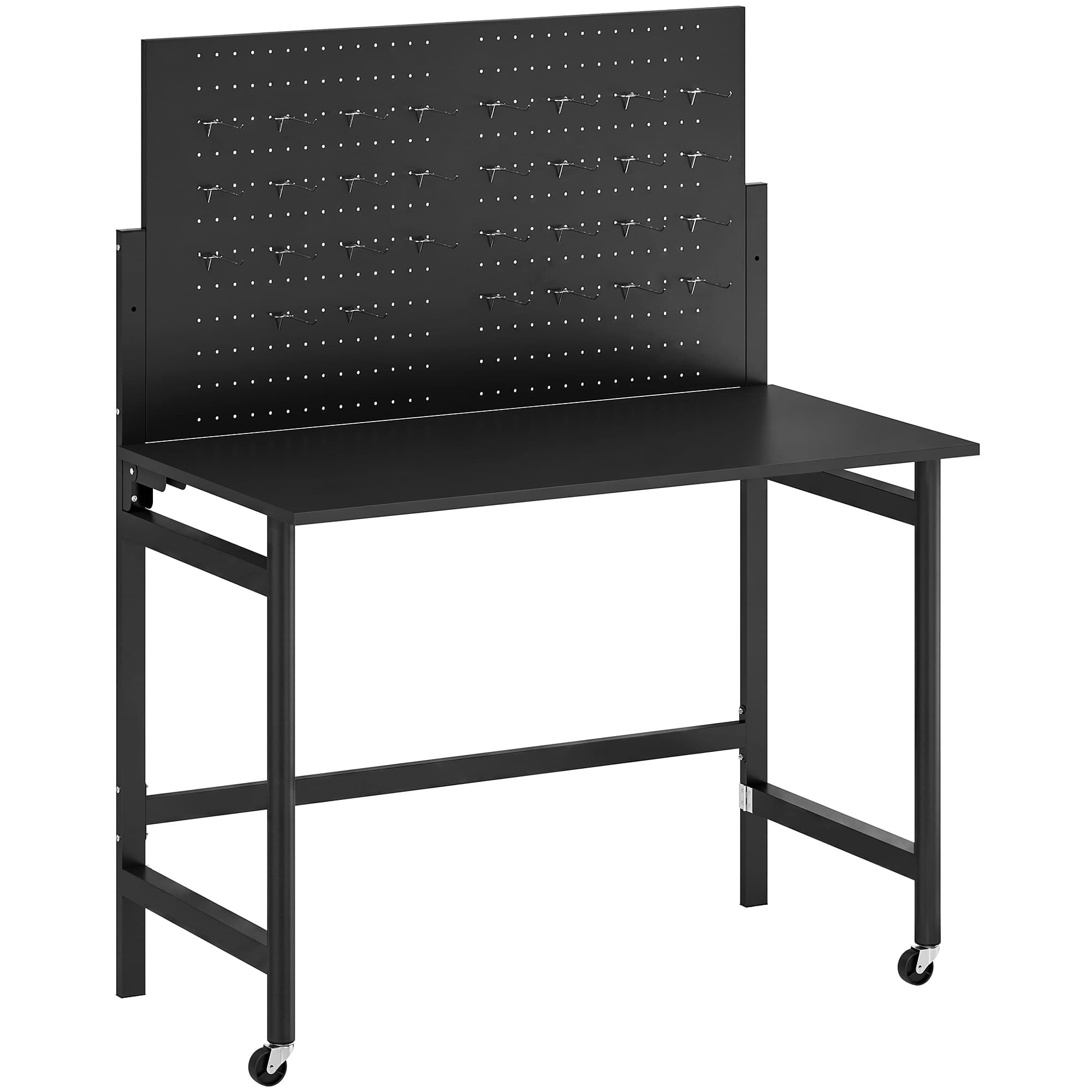 HOMCOM Établi d'atelier pliable à roulettes, 115x62x143,5cm, plan de travail avec panneau perforé, 12 crochets, noir