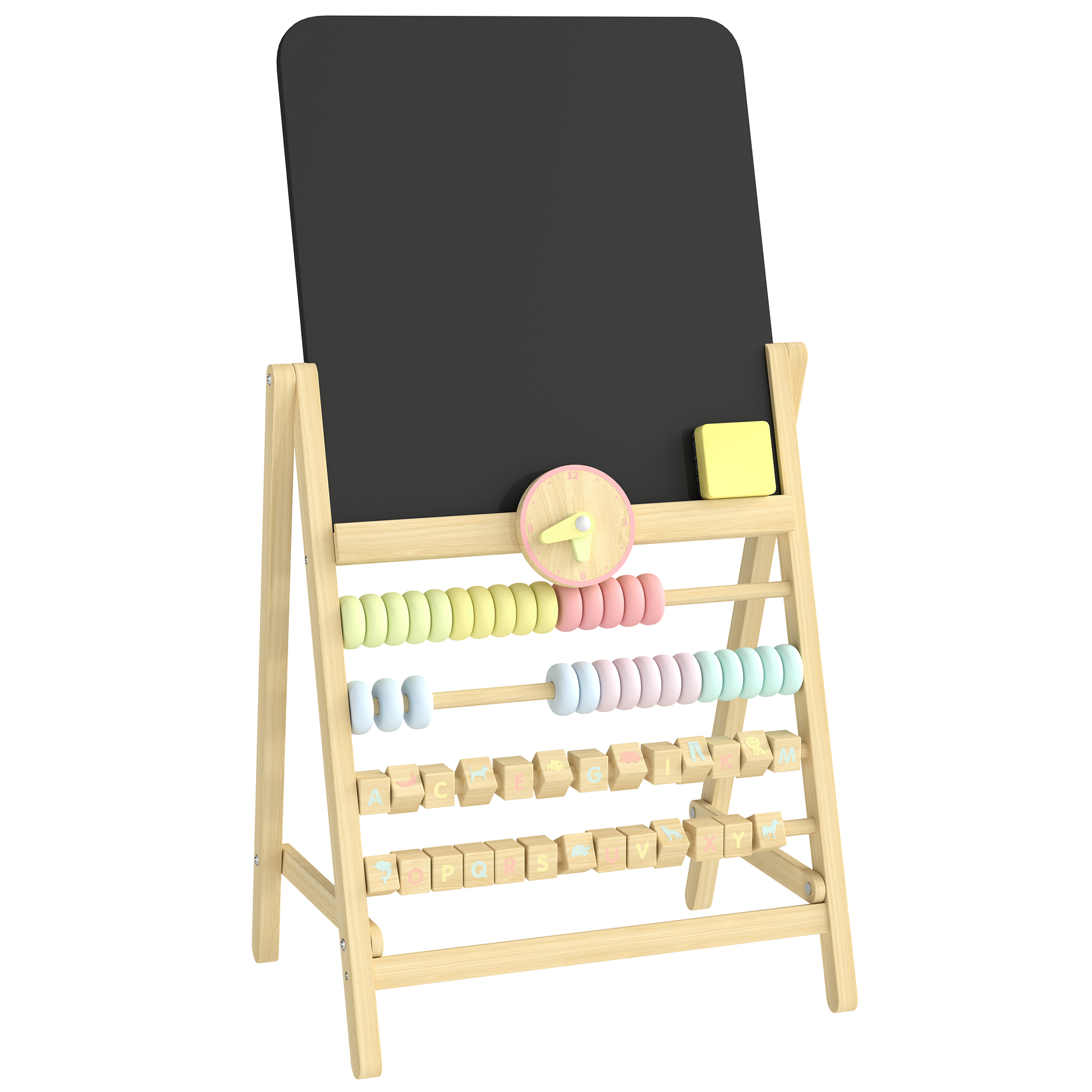 AIYAPLAY Tableau effaçable en bois sur chevalet pour enfants, horloge, abaque, effaceur, 2+ ans, Bois naturel