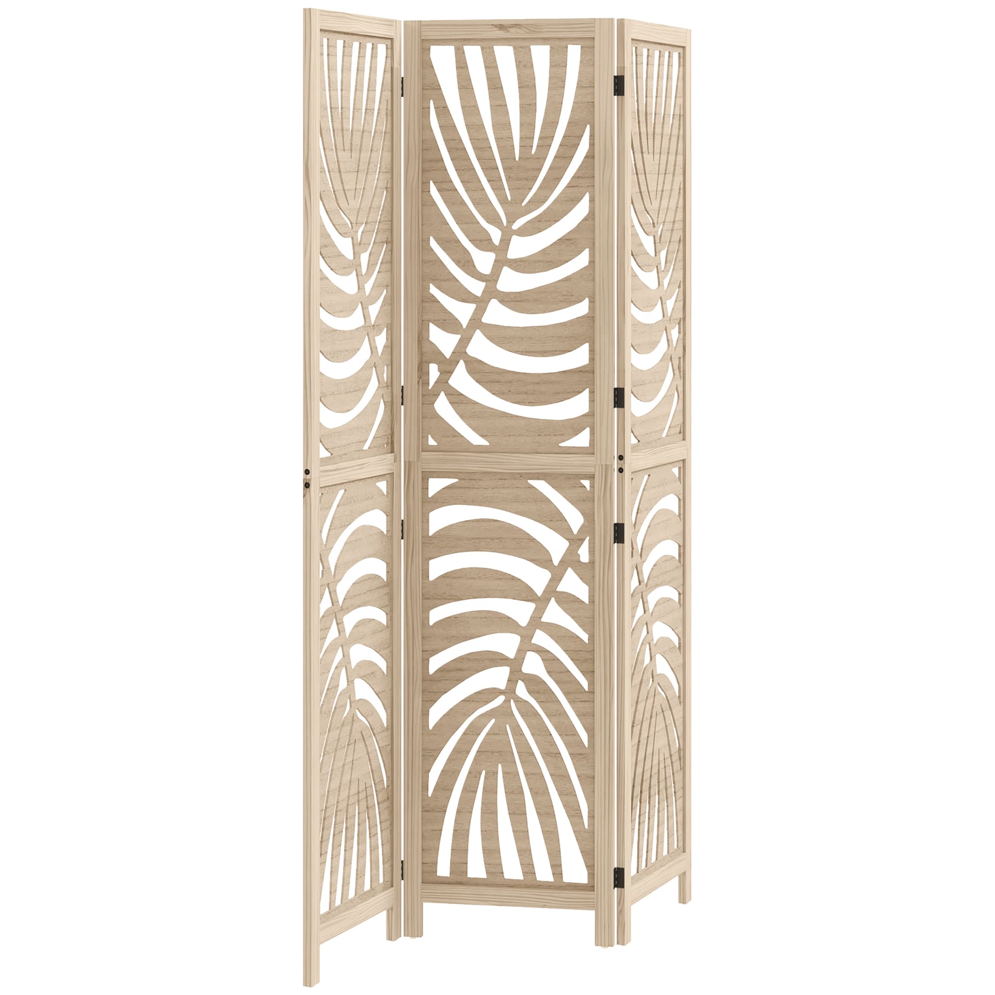 HOMCOM Paravent interieur en bois 3 panneaux 120 x 170 cm, pliable et portable, motif de feuille, design amovible, bois naturel