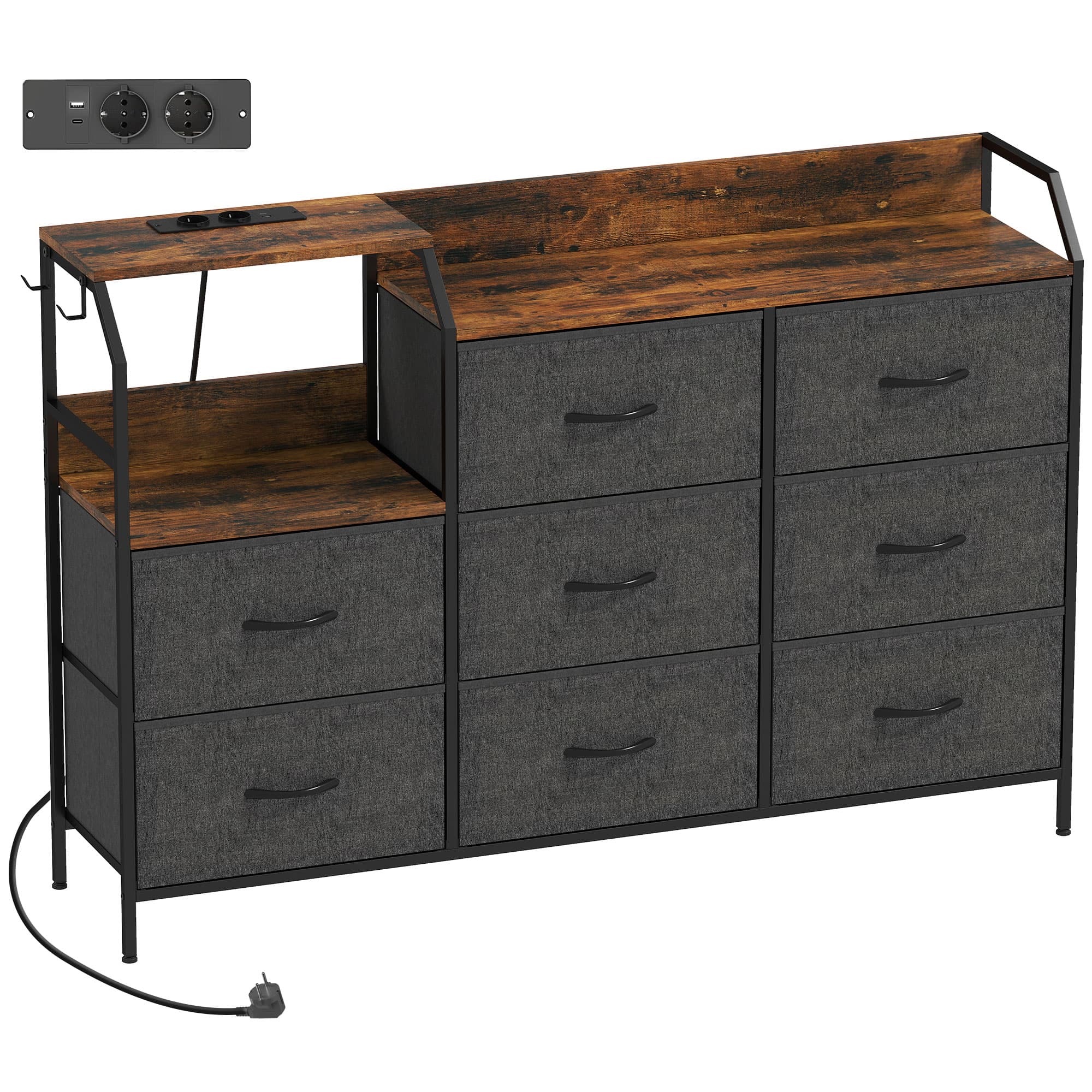 HOMCOM Commode, meuble de rangement avec station de recharge, 8 tiroirs en tissu, étagère ouverte, 130,5x30x88cm, marron