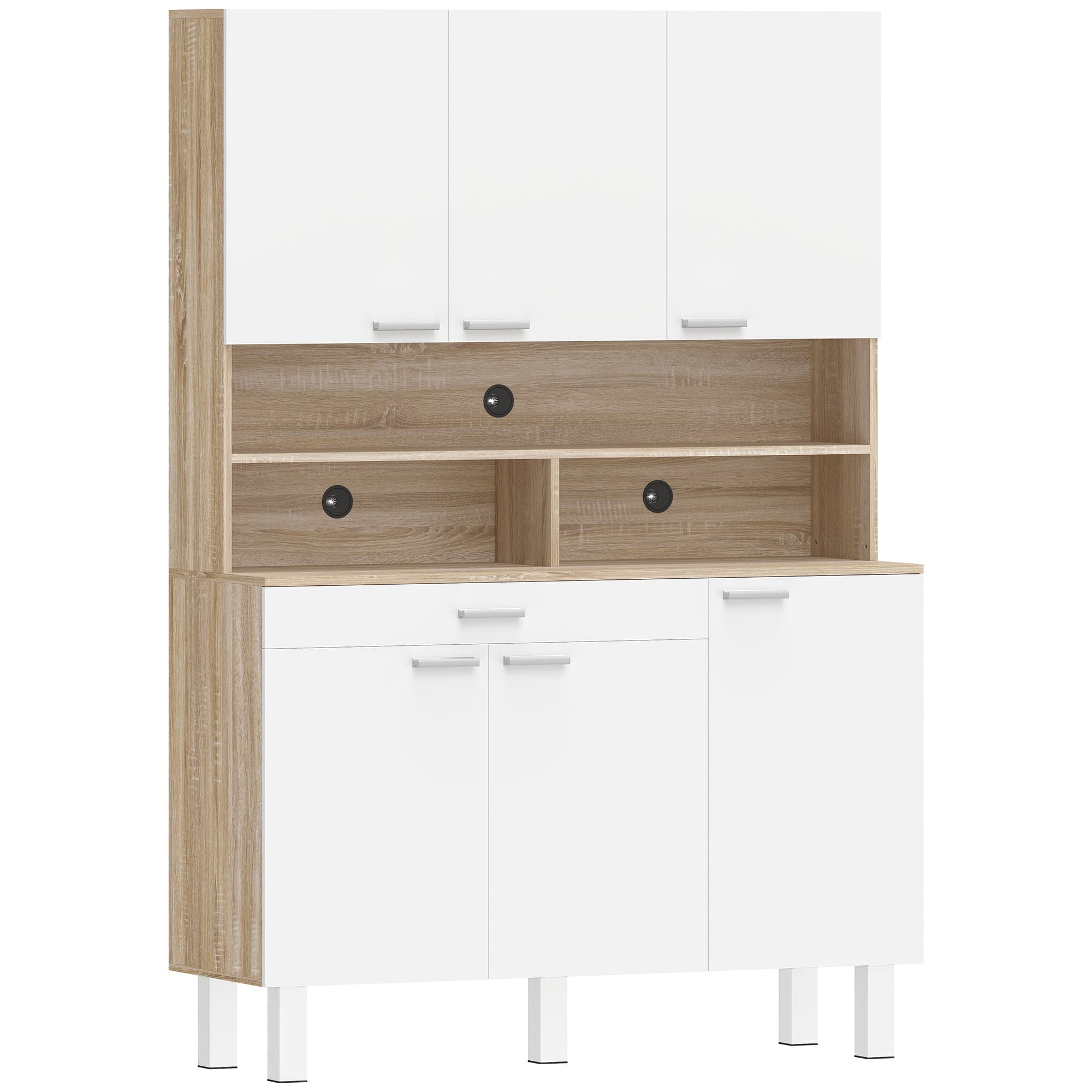 HOMCOM Buffet haut cuisine, armoire de cuisine, 6 portes, tiroir et étagères ouvertes, 120x40x175cm, blanc et bois naturel
